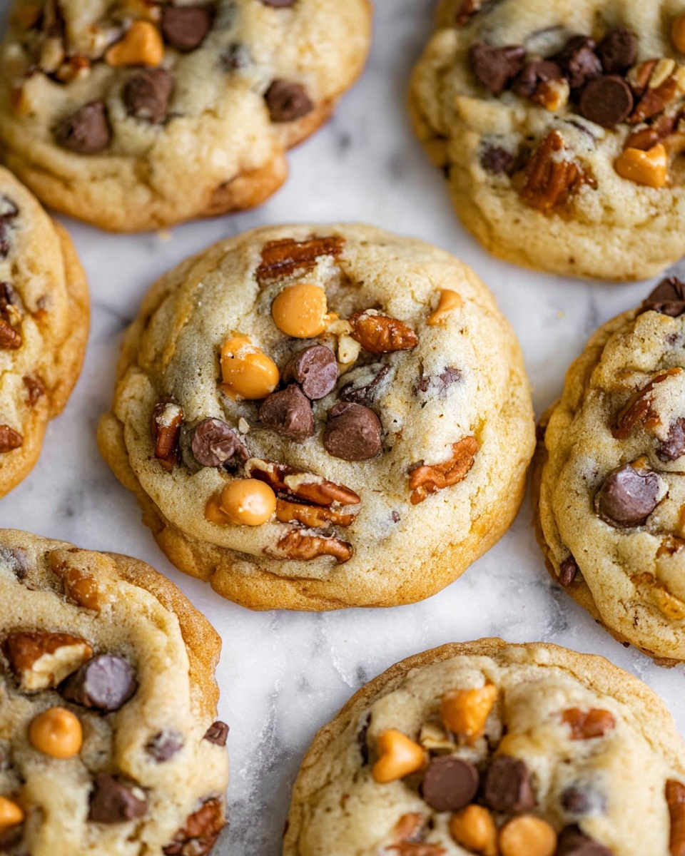 The image shows a close-up of several soft cookies placed on a white marbled surface. Each cookie has one visible layer with a light golden brown, slightly textured dough base. On top, there are irregularly scattered dark brown chocolate chips, light orange butterscotch chips, and some pieces of pecans that add a rough, nutty texture. The cookies look thick and soft with a slightly cracked surface revealing a tender inside. Photo taken with an iphone --ar 4:5 --v 7