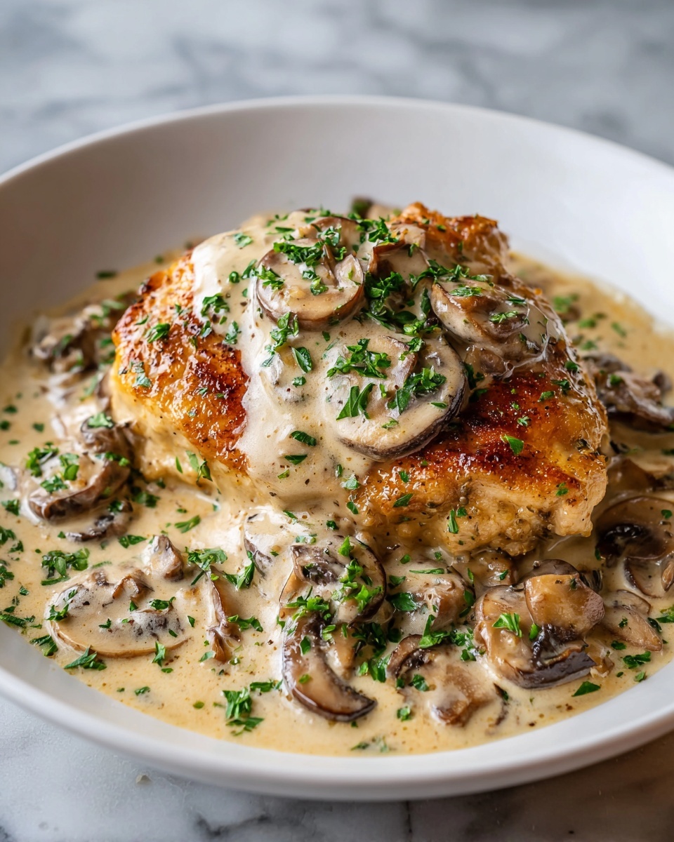 A white plate holds a thick, golden brown cooked chicken piece in the center, covered with a creamy mushroom sauce that pools around it. The sauce is light beige with sliced mushrooms mixed in, and sprinkled with bright green chopped herbs on top and around the dish. The chicken looks crispy on the edges with a smooth sauce coating. The background shows a white marbled texture under the plate. Photo taken with an iphone --ar 4:5 --v 7
