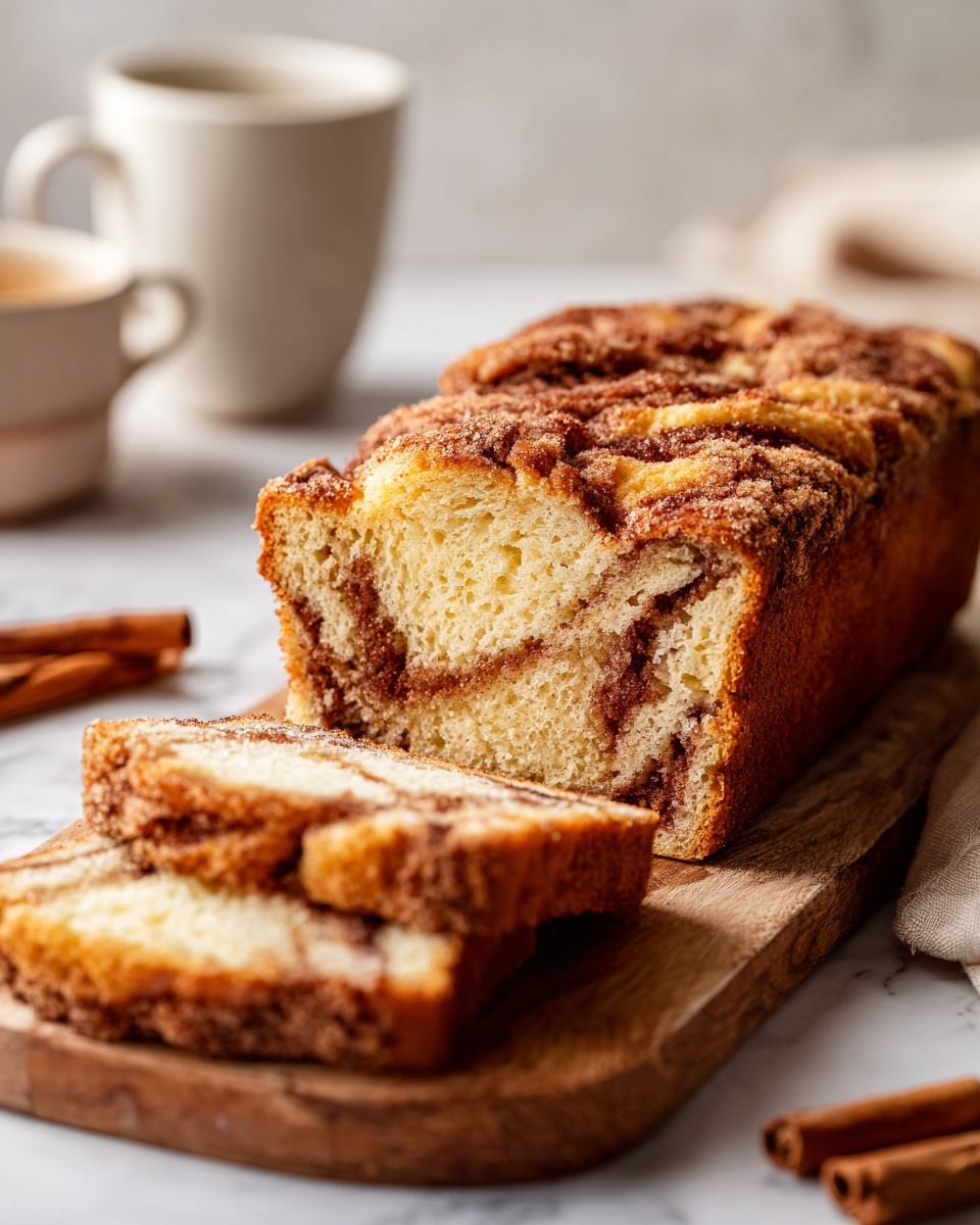 Classic Snickerdoodle Bread Recipe 6 A loaf of cinnamon swirl bread sits on a wooden board on a white marbled surface. The bread has a golden brown crust with a rough texture and visible cinnamon sugar swirls inside each slice. The cut slices reveal a soft, light cream interior with streaks of cinnamon brown. In the background, there is a white ceramic cup and a blurred cinnamon stick, adding a warm, cozy feel to the scene. Photo taken with an iphone --ar 4:5 --v 7