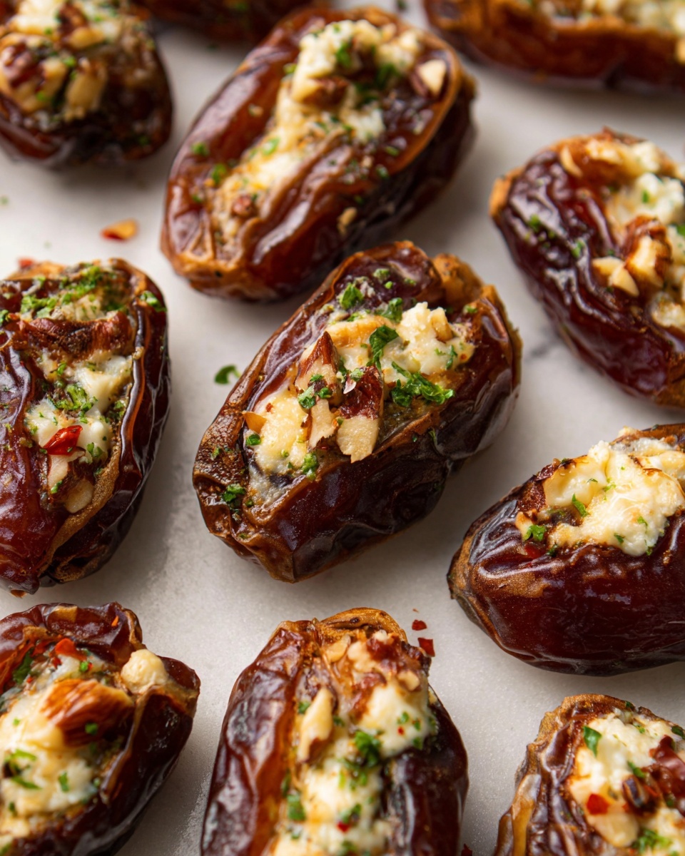 The image shows multiple roasted dates arranged closely on a white marbled surface. Each date is dark brown with a wrinkled, glossy texture on the outside, split open to reveal a stuffing inside. The stuffing is layered with creamy white cheese, small light brown nut pieces, and tiny green herb bits scattered on top. A few small red pepper flakes are also visible, adding a touch of color contrast. The dates appear soft and slightly caramelized, and the whole scene has a warm, inviting look. Photo taken with an iphone --ar 4:5 --v 7