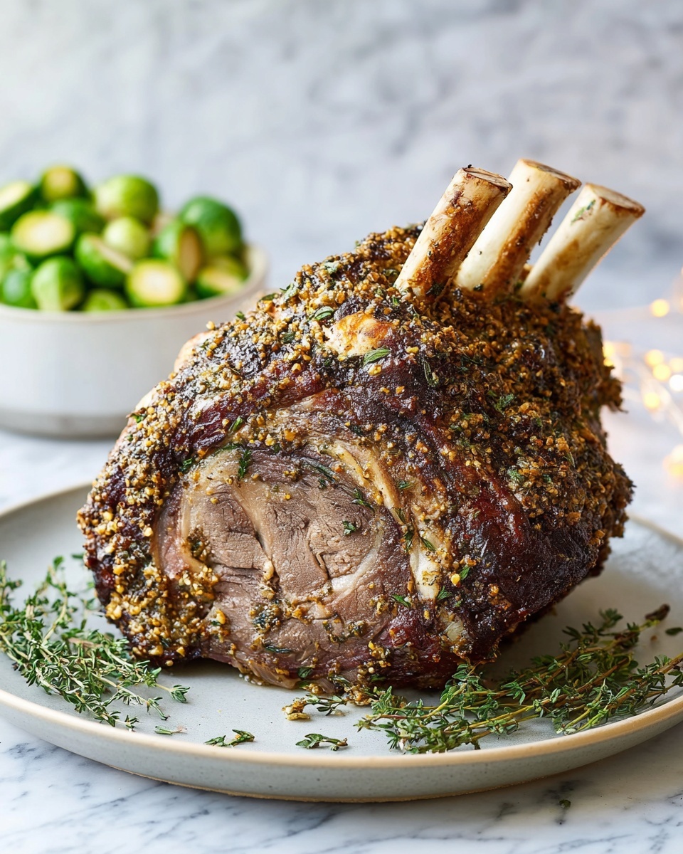 Perfectly Roasted Standing Rib Roast with Mustard and Thyme Recipe 5 A large roast with a brown crispy outer layer seasoned with herbs is shown on a gray plate, resting on a white marbled surface. The roast is partially sliced, showing two thick layers of pink, juicy meat inside with slight marbling. The roast has a bone sticking out from the top, among the seasoned crust. Small green thyme sprigs are scattered around the roast on the plate. In the blurred background, there is a white bowl filled with bright green Brussels sprouts. Photo taken with an iphone --ar 4:5 --v 7