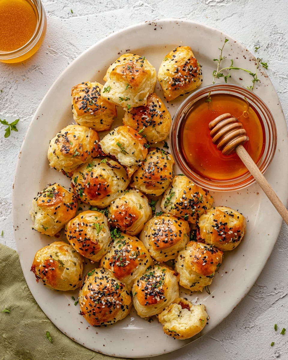 A large white plate holds around twenty small, golden-brown pastry bites sprinkled with black and white sesame seeds and tiny green herb leaves. Each bite has a slightly shiny, crispy crust with some flaky edges, and a few are broken open to show a darker, soft filling inside. On the right side of the plate is a clear glass bowl filled with amber-colored honey, with a wooden honey dipper resting in it. The plate sits on a white marbled textured surface with a few green herb sprigs scattered near the top edge. Photo taken with an iphone --ar 4:5 --v 7