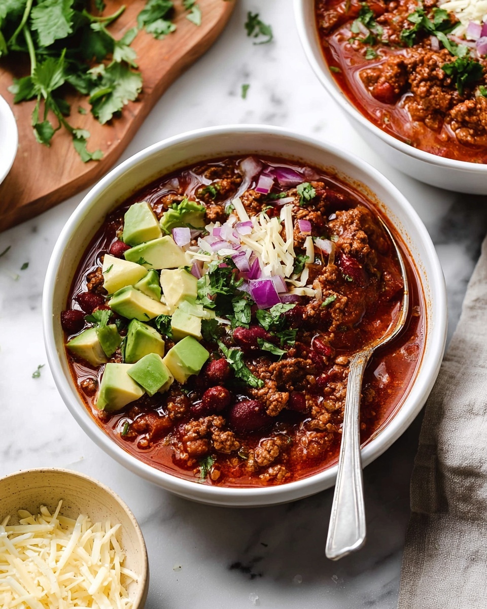 Best Ever Chili Recipe 6 The image shows two white bowls filled with chili, placed on a white marbled surface. Each bowl has a thick reddish-brown chili base with visible chunks of meat, beans, and tomatoes. One white bowl in the foreground has a spoon on the right side, partially dipped into the chili. On the left side of this bowl, there is a layer of diced green avocado, finely chopped red onion, shredded white cheese, and fresh green cilantro leaves scattered on top. The second white bowl in the top left corner shows similar chili with the same toppings. Around the bowls, there is a small white bowl filled with shredded white cheese with some cheese spilled on a white cloth nearby. A wooden cutting board with scattered green cilantro and a knife with a light-colored handle is also visible at the bottom left. A partial bowl of diced avocado is seen on the lower right side. Photo taken with an iphone --ar 4:5 --v 7