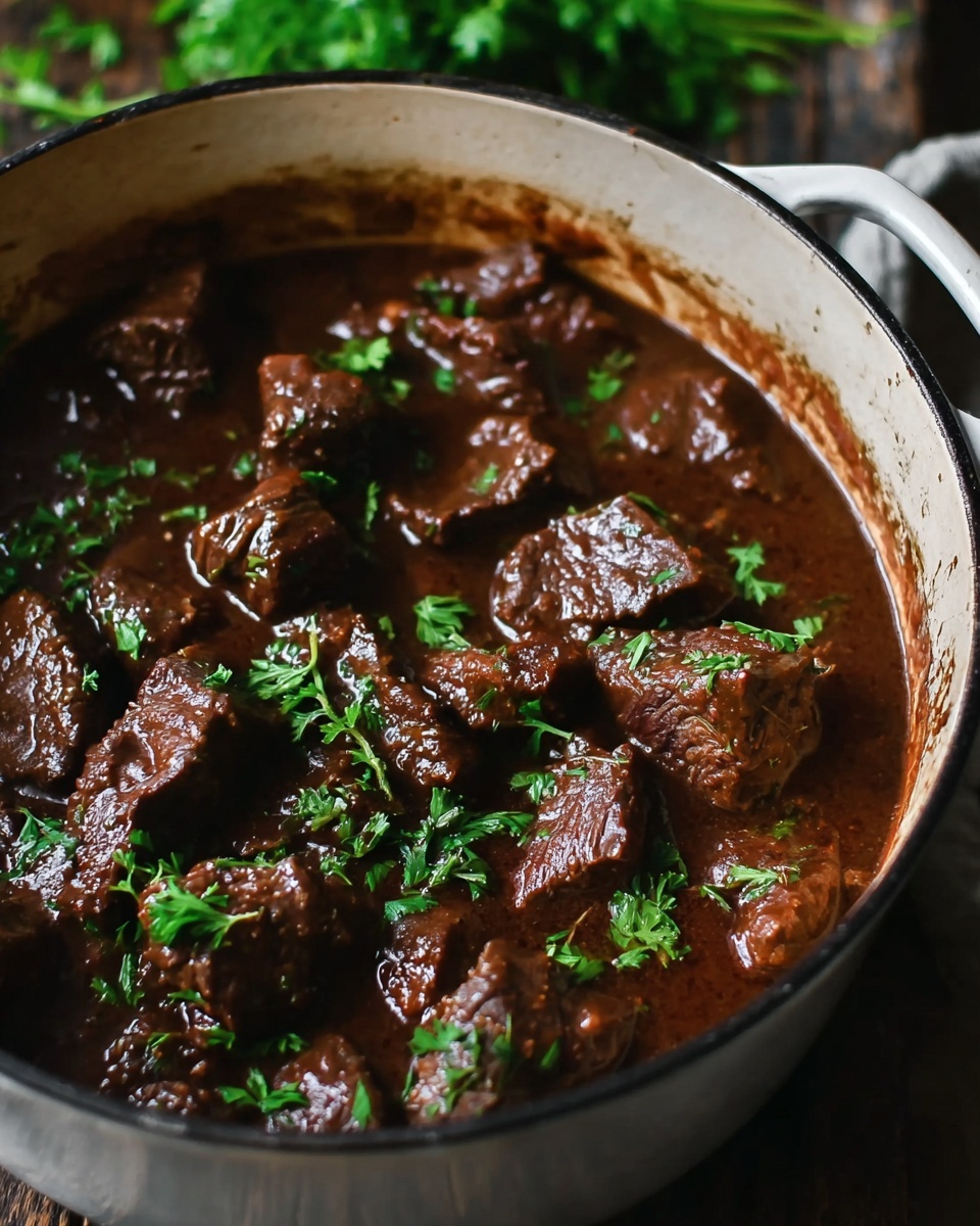 No-Peek Beef Tips Recipe 5 Inside a white enamel pot, there are many thick chunks of dark brown meat covered in a shiny, rich brown sauce. The meat pieces have a soft, tender texture, and the sauce looks smooth and glossy, filling the pot nearly to the top. Small, bright green parsley leaves are sprinkled evenly over the meat and sauce, adding contrast and freshness. The pot is placed on a dark wooden surface, with some blurred greenery in the background. photo taken with an iphone --ar 4:5 --v 7