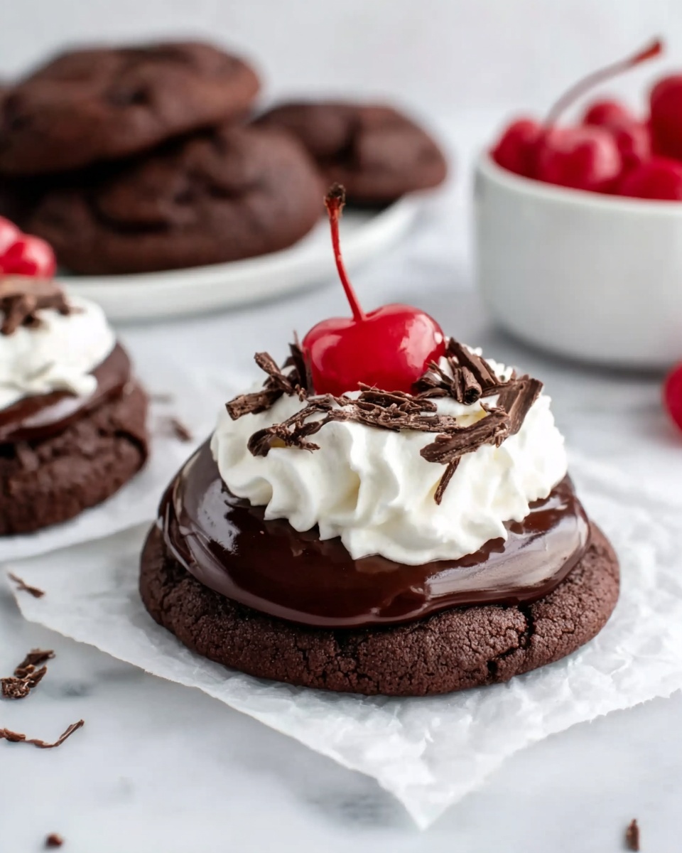 The image shows a stack of soft, dark brown chocolate cookies on a white marbled surface. One cookie is on the bottom, topped by a second cookie that is spread with shiny, smooth chocolate, followed by a swirl of white cream. On top of the cream, there are thin dark chocolate shavings and a bright red cherry with a stem. Nearby, there is a white bowl with red cherries and more chocolate cookies in the background, some stacked on a white stand. The scene is bright and clean, focusing on the rich textures and colors of the cookies, cream, chocolate, and cherry. photo taken with an iphone --ar 4:5 --v 7