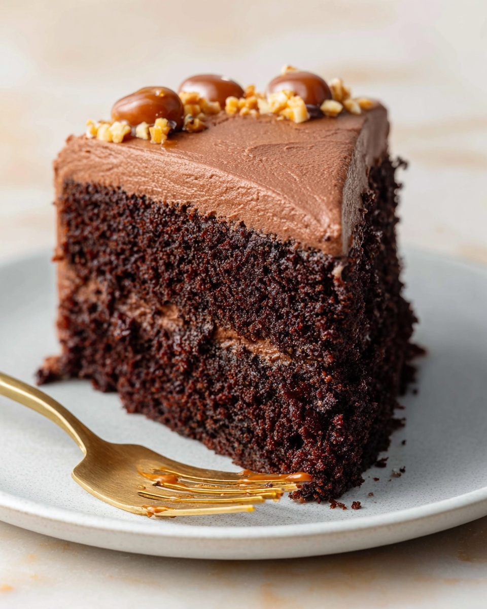 Chocolate Orange Reindeer Cake Recipe 5 A round chocolate cake with one layer of thick chocolate frosting on top sits on a white marble cake stand over a white marbled surface. On the frosting, eight reindeer faces are arranged in a circle near the cake edge. Each reindeer face is made with a round milk chocolate candy as the nose base, a red candy placed on top of it for the nose center, two small candy eyes above, and two small curved pretzel pieces placed as antlers. The cake is surrounded by blurred small green pine trees with white snow and warm white string lights. Photo taken with an iphone --ar 4:5 --v 7