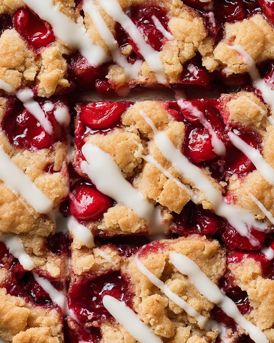 The image shows nine square slices of a dessert arranged in a tight grid on a white marbled surface. Each slice has three visible layers: a golden-brown crumbly top layer with a rough texture, a bright red berry filling layer in the middle that looks juicy and slightly thick, and a pale golden base layer that appears soft and moist. The top is decorated with irregular white icing drizzle, adding a smooth, shiny contrast to the crumbly texture. The slices are close together, showcasing the vivid red filling peeking through cracks in the top layer. photo taken with an iphone --ar 4:5 --v 7