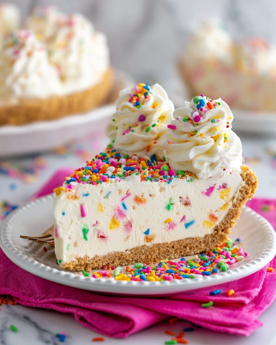 A slice of creamy pie with three visible layers: a light brown crumbly crust at the bottom, a thick middle layer of smooth white filling dotted with colorful rainbow sprinkles, and a top layer of white whipped cream swirls also decorated with rainbow sprinkles. The pie slice sits on a white plate with a detailed edge, placed on a folded bright pink cloth. More rainbow sprinkles are scattered on the plate and cloth. The background and surface are white marble textured, with a blurred second pie in the distance. Photo taken with an iphone --ar 4:5 --v 7
