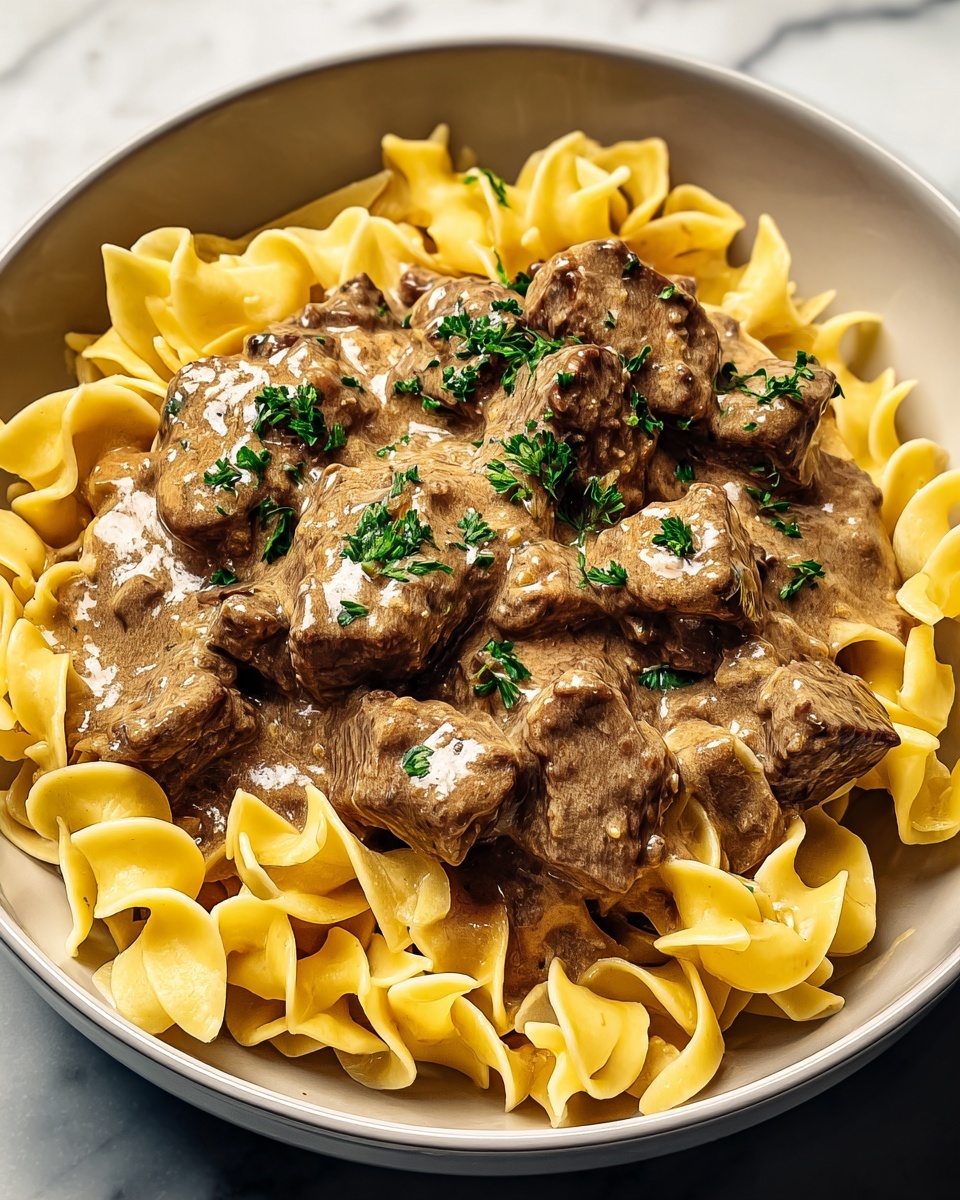 A white deep dish is filled with two layers: the bottom layer has light yellow egg noodles with a smooth, slightly curled texture, and the top layer has glossy chunks of dark brown beef covered in thick, creamy brown gravy. The beef and sauce pile in the center, with some gravy gently flowing over the noodles. Small pieces of chopped green herbs sprinkle over the beef, adding contrast. The dish sits on a white marbled surface with a dark gray cloth underneath. Photo taken with an iphone --ar 4:5 --v 7