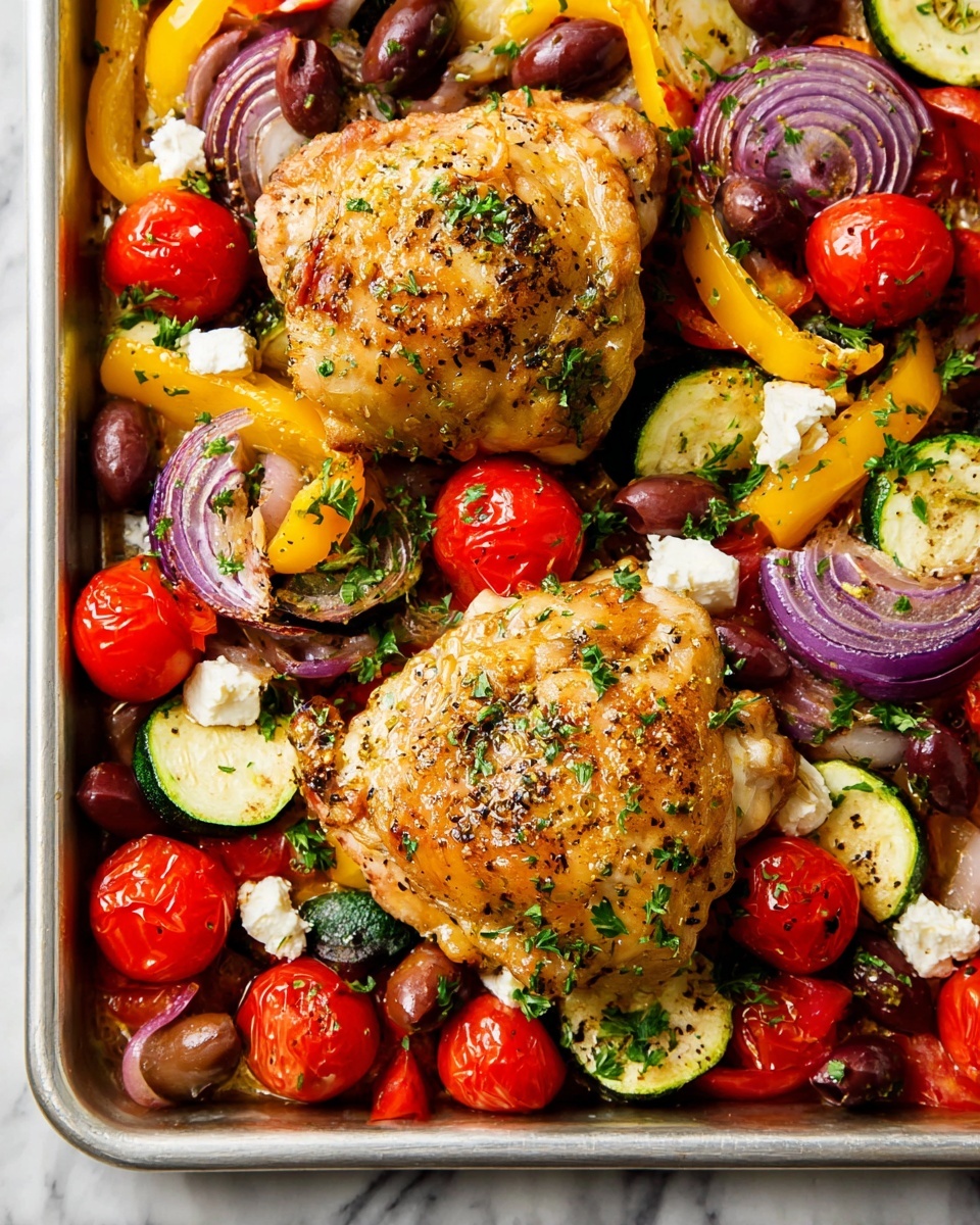 A metal baking tray filled with six golden-brown cooked chicken pieces evenly spaced on top of a colorful layer of roasted vegetables including bright red cherry tomatoes, sliced yellow bell peppers, green zucchini, purple onion wedges, and dark olives. Small white crumbles of cheese and chopped green parsley are scattered over the dish. The tray is placed on a white marbled surface with two small white bowls containing white cheese and chopped herbs at the top right corner. Some fresh parsley lies on the surface around the tray, along with a black and white checkered cloth near the bottom left corner. Photo taken with an iphone --ar 4:5 --v 7