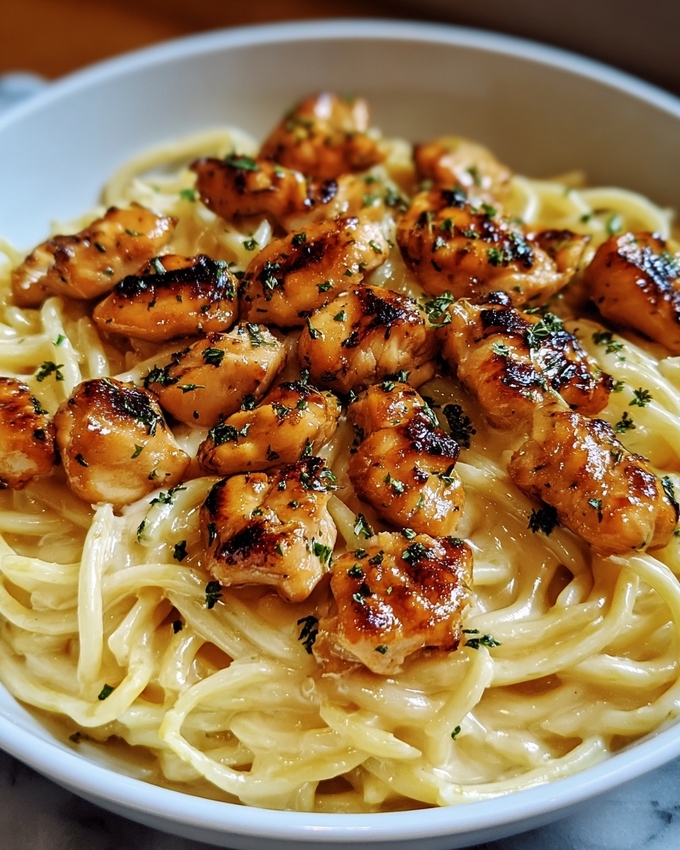 Garlic Butter Chicken Bites with Savory Creamy Parmesan Pasta Recipe - Recipe Image