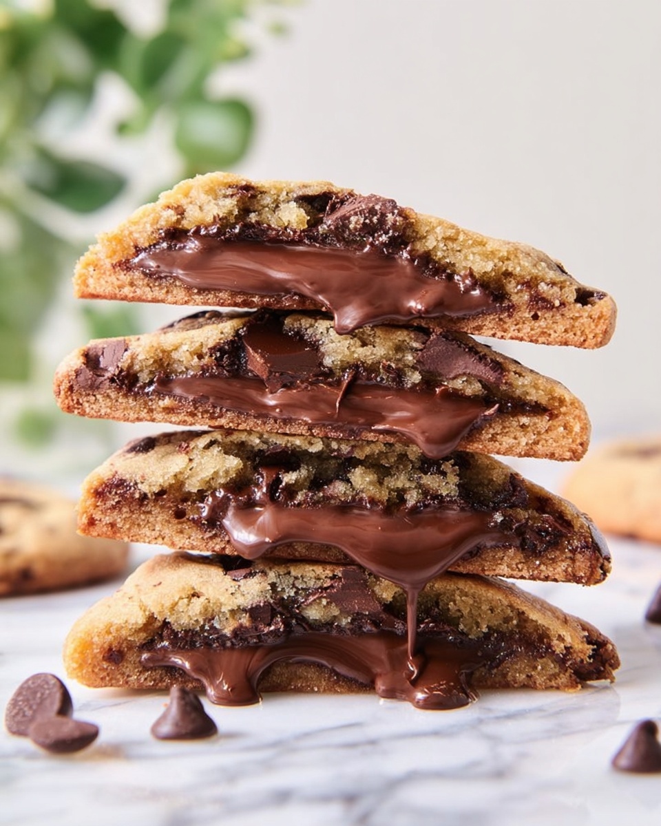 Nutella Stuffed Brown Butter Cookies Recipe 4 A stack of six golden brown chocolate chip cookies is placed on a white marbled surface. The front cookie leans against the stack, showing large, irregular dark chocolate chunks embedded throughout its soft, cracked texture. The cookies behind it have a slightly rounded, thick shape with visible chocolate chips on top. Scattered chocolate chips and cookie crumbs are around the stack. In the blurred background, a white container holds a white flower with green leaves. photo taken with an iphone --ar 4:5 --v 7