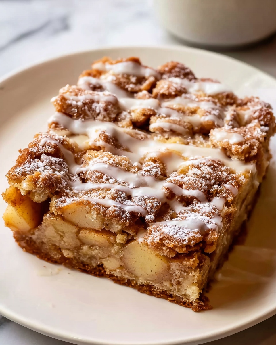 A close-up of a square apple dessert in a white baking dish shows a bumpy, golden brown crumbly top layer spread unevenly with bits of baked apple visible underneath. The crumb crust is dusted with white powdered sugar, which contrasts with the warm tones of the baked apples and crust. The apples beneath are pale beige with some translucency, peeking through the crunchy top layer. The dish rests on a white marbled surface, adding subtle texture to the background. photo taken with an iphone --ar 4:5 --v 7