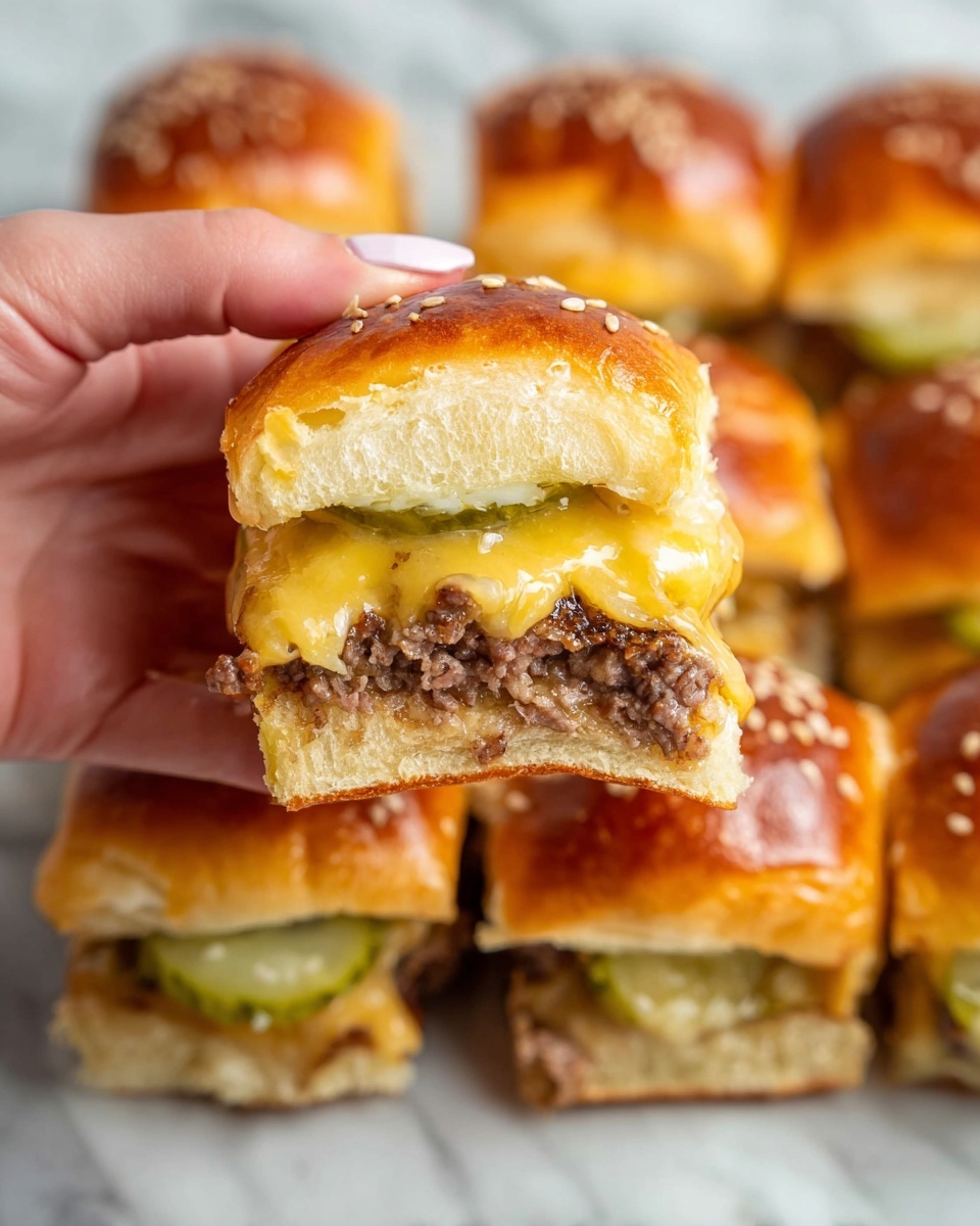 A close-up of a small burger held by a woman's hand showing three layers: the top light brown sesame seed bun, a middle layer of melted yellow cheese over a thick, crumbled brown beef patty, and a bottom layer of sliced green pickles on a soft, toasted white bun bottom. Below, several more small burgers with shiny, sesame seed topped buns sit together on a white marbled surface. The cheese looks melted and stringy, and the beef patty has a juicy, crumbly texture. The focus is on the held burger with the background slightly blurred. photo taken with an iphone --ar 4:5 --v 7