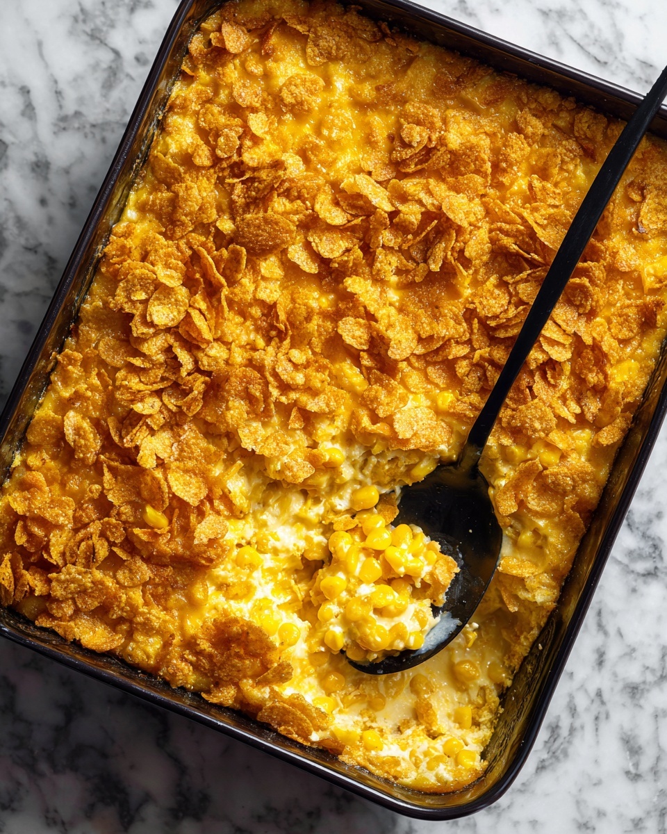 The image shows a black rectangular baking dish filled with a creamy corn casserole. The top layer is golden yellow with crunchy, crushed cornflakes scattered all over, adding a textured, slightly crumbly appearance. Below the top, the main layer is a bright yellow and white mix of soft corn kernels and cheesy casserole filling, slightly creamy and dense. A black spoon scoops some of the casserole from the corner, showing the inner layers with soft corn and cheese mixed together. The dish sits on a white marbled surface. Photo taken with an iphone --ar 4:5 --v 7