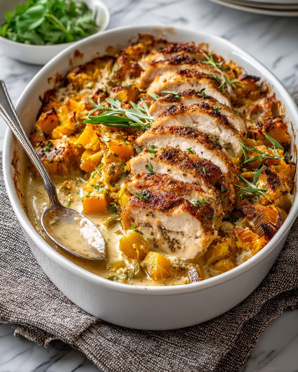 A shallow white bowl holds a layered dish with three main parts. The bottom layer is a mix of small, chopped pieces of light green celery and soft orange cubes of butternut squash, with a few bits of onion visible, all cooked to a tender texture and slightly wet with broth. On top of this is a golden-brown bread crumb crust covering flakes of white fish, showing a crispy, crunchy texture. The whole dish is garnished with small sprigs of fresh green herbs, adding a fresh touch. In the background, a white baking dish with the same food is slightly blurred, sitting on a white marbled surface, with a glass of light yellow-white wine nearby and silver spoon and fork resting on a grey cloth. The photo taken with an iphone --ar 4:5 --v 7