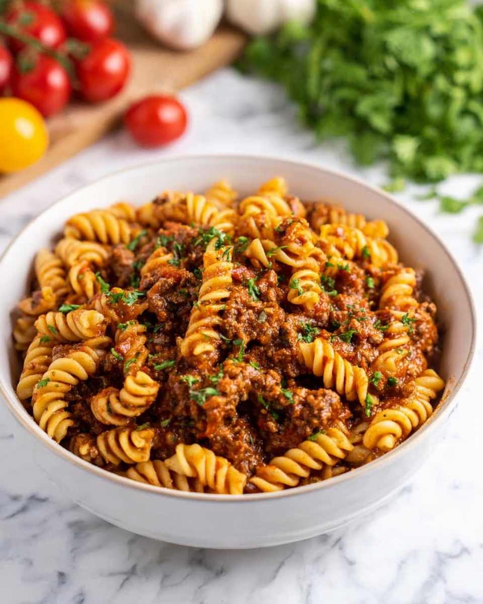 A white round pot filled with one layer of spiral pasta covered in a thick red-brown sauce mixed with cooked ground meat and small onion pieces, topped with melted cheese and green cilantro leaves scattered on top. The pot is set on a white marbled surface surrounded by whole onions, garlic, a bunch of cilantro, vine tomatoes, a white bowl with chopped green herbs, a small bowl of red spices, and a white towel with dark blue stripes. Photo taken with an iphone --ar 4:5 --v 7