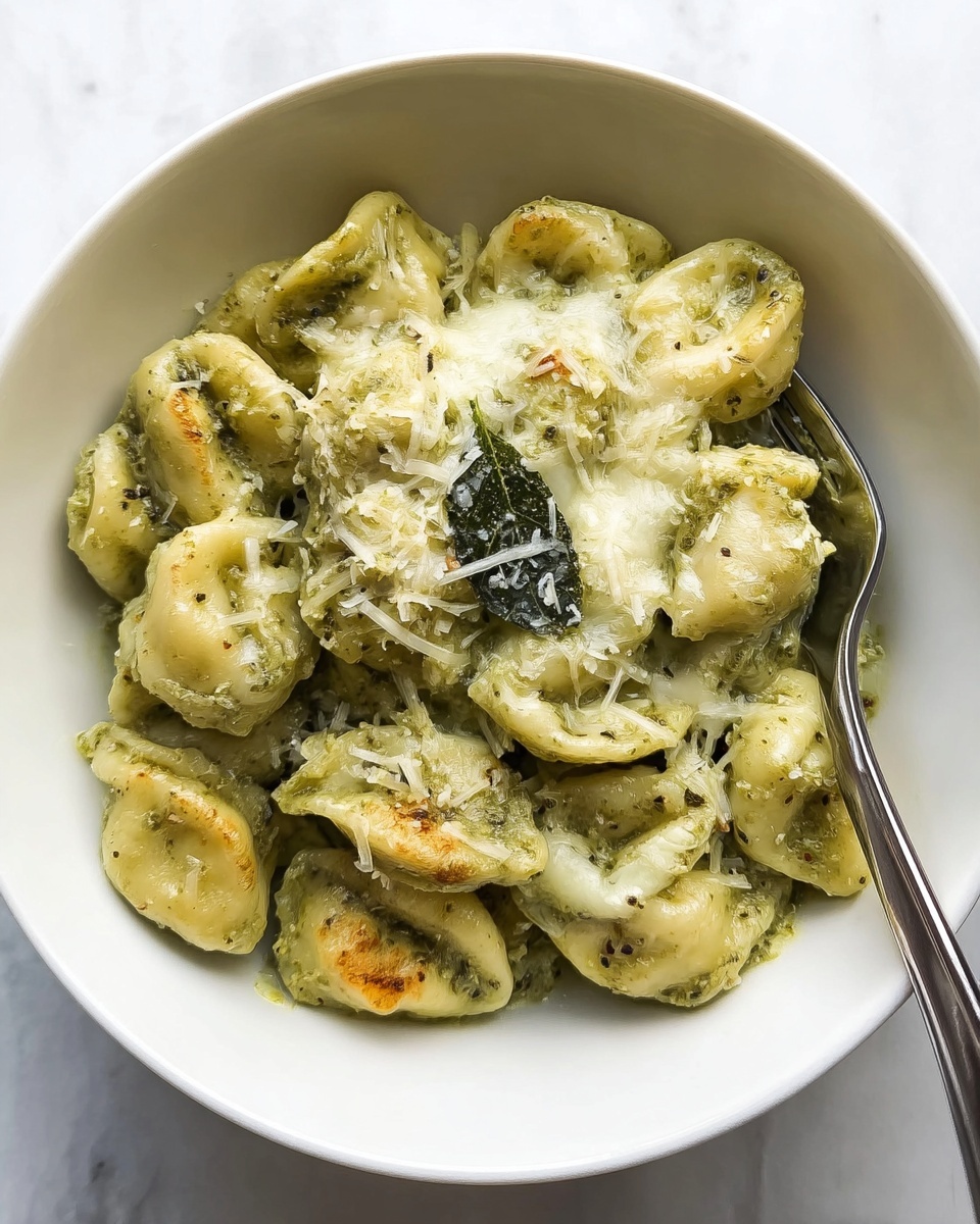 A white bowl filled with small, folded pasta pieces coated in a creamy green pesto sauce, showing some darker green herb bits throughout. On top, there is a layer of melted cheese that is slightly browned in places, giving a bubbly and soft texture. Shredded cheese is lightly sprinkled over the melted cheese, adding a fine, powdery white layer. One leafy green herb is partly covered in melted cheese and visible near the center. A shiny metal fork rests inside the bowl on the right side. The bowl sits on a white marbled surface. photo taken with an iphone --ar 4:5 --v 7