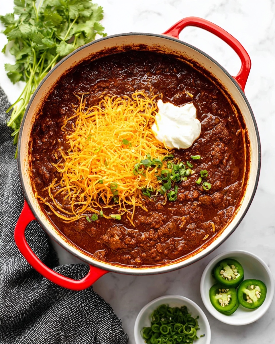 A white pot filled with a thick, dark brown chili sauce that has a chunky texture and small bits of meat. Inside the pot is a layer of shredded yellow cheese partly melted and mixed into the chili. A spoon is lifting a generous scoop of the chili with meat and bits of green herbs on top, held above the pot. The background is a white marbled surface. photo taken with an iphone --ar 4:5 --v 7
