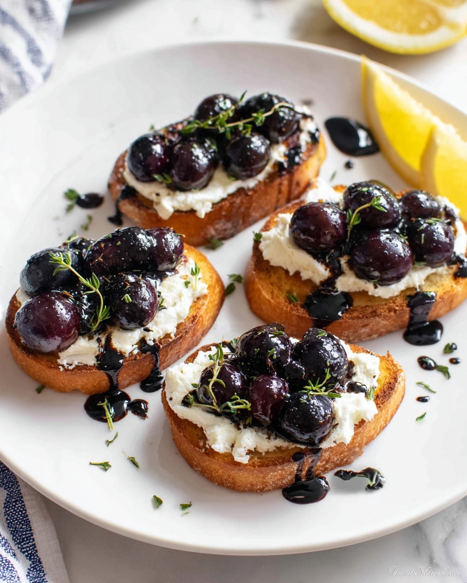 Five pieces of toasted bread are arranged on a large white plate with a white marbled background. Each toast has three layers: the bottom layer is golden brown toasted bread, the middle layer is a thick spread of white creamy cheese, and the top layer is a small pile of dark purple black grapes. A dark balsamic glaze is drizzled over the grapes and cheese, creating shiny black streaks. Fresh green thyme leaves are scattered on top and around the plate. Small lemon wedges are placed around the toasts as garnish. Photo taken with an iphone --ar 4:5 --v 7