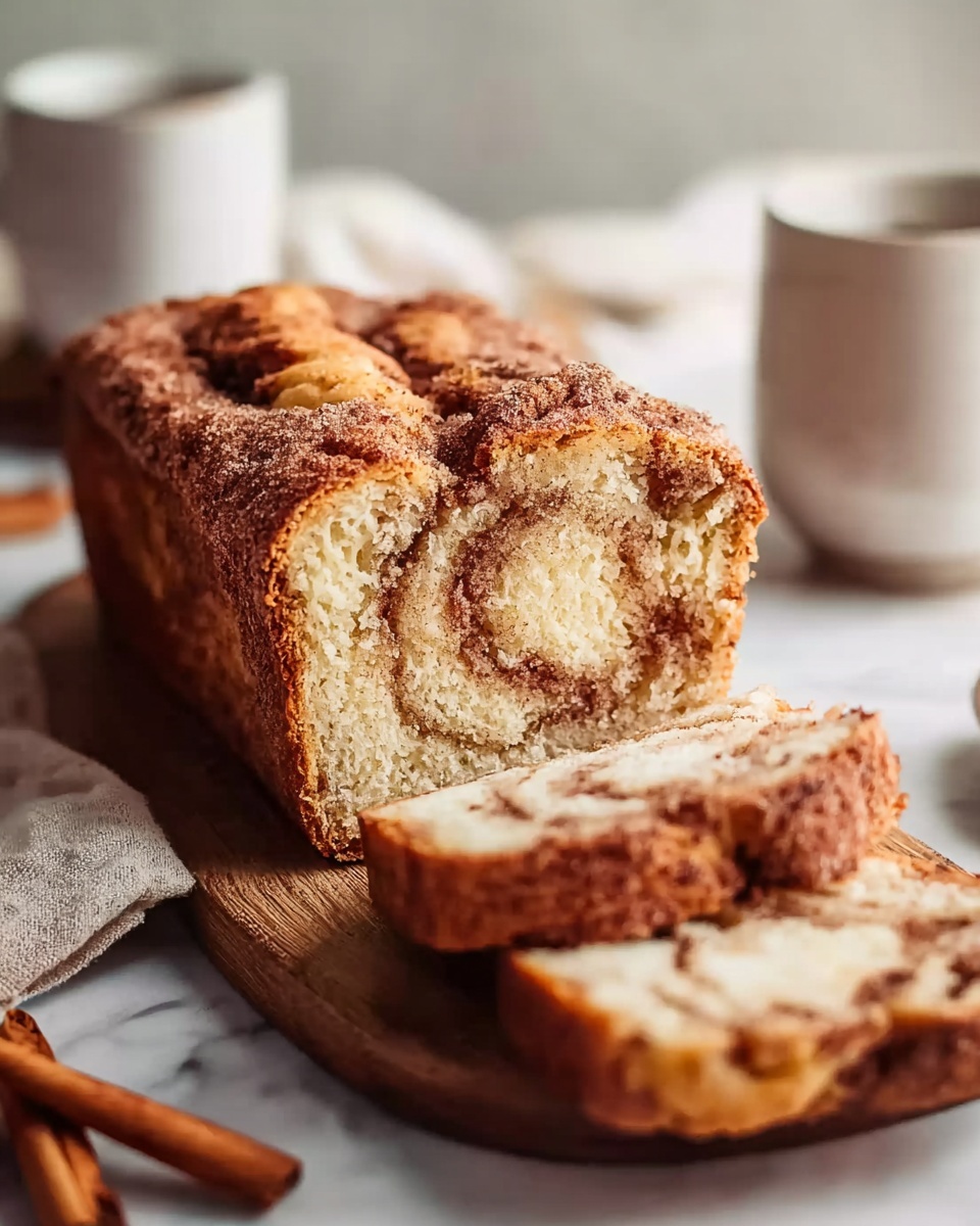 Classic Snickerdoodle Bread Recipe 5 The image shows a close-up of three slices of cinnamon swirl cake placed on a white marbled surface. Each slice has two main layers: a light golden crumb with a soft, fluffy texture, and a visible swirled layer of dark brown cinnamon running through the middle, creating a marbled pattern. The top edge of the cake slices has a slightly crisp, darker crust with a dusting of cinnamon sugar. The background is blurred, showing more slices of the same cake, highlighting the texture and colors of the cinnamon swirls in the foreground. Photo taken with an iphone --ar 4:5 --v 7