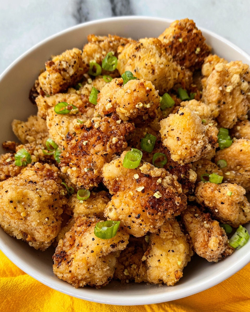 Salt and Pepper Chicken Recipe 5 A white oval bowl filled with many small pieces of golden brown fried chicken with a crunchy texture, sprinkled with tiny green chopped scallions on top. The chicken pieces show different shades of brown, some light and some darker, with a rough, crispy coating. The bowl is placed on a yellow cloth with light stripes, all set on a white marbled surface photo taken with an iphone --ar 4:5 --v 7