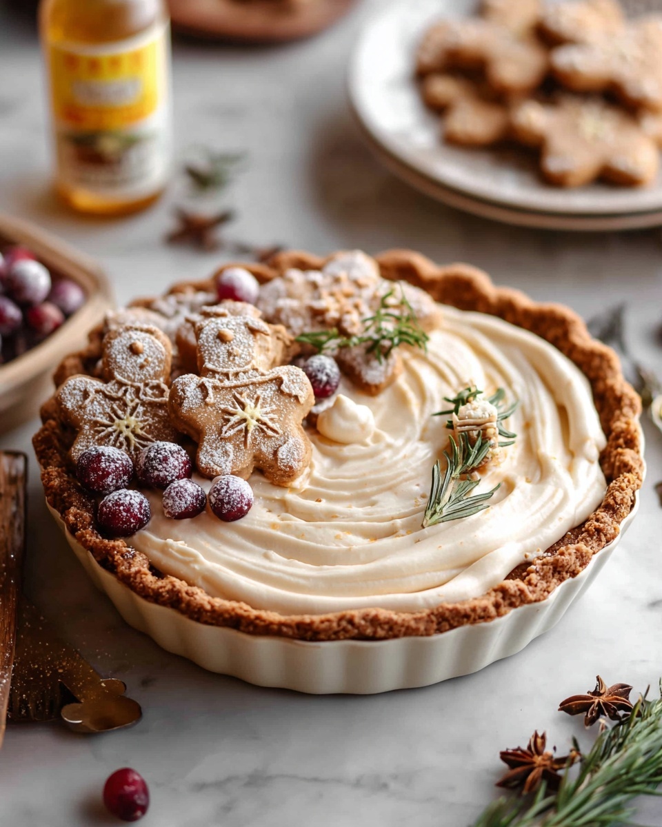 Easy Gingerbread Cream Pie Recipe 5 A pie with a golden brown crust sits on a white marbled surface. The pie has two visible layers: a creamy light beige filling topped with a soft swirl of white whipped cream. On top, there is a row of decorated gingerbread cookies shaped like snowmen and stars, dusted lightly with powdered sugar. Red sugared cranberries and small green rosemary sprigs are scattered among the cookies, along with whole star anise pods, adding a festive touch. In the background, there is a blurred plate of similar gingerbread cookies and a bottle with a yellow label. photo taken with an iphone --ar 4:5 --v 7