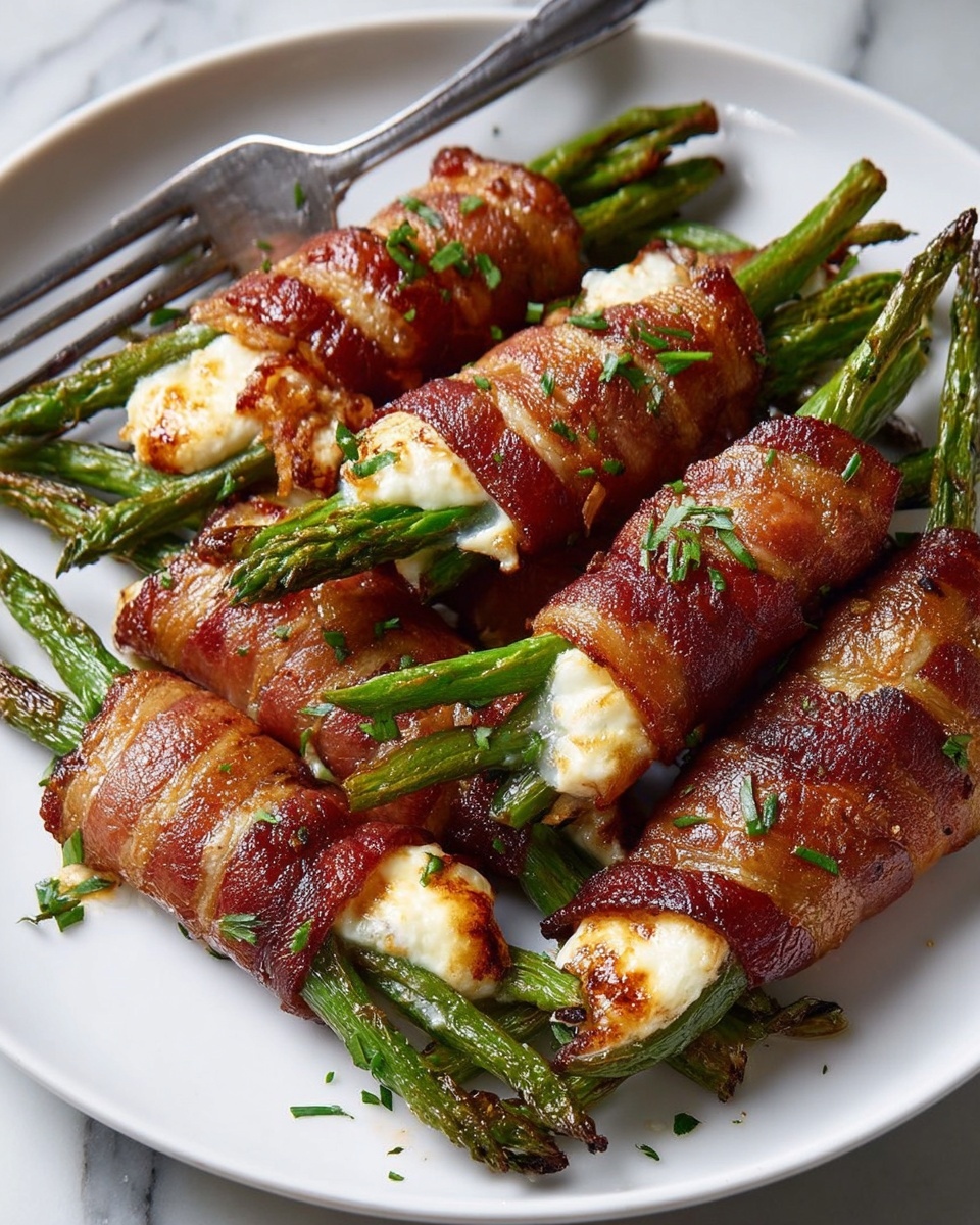 The dish shows three bundles of green beans wrapped in shiny, crispy bacon with a golden-brown color. Each bundle has about five to six green beans tied together with bacon that is cooked to a slightly charred and caramelized texture. Inside the bacon wrap, there is a layer of white melted cheese with browned spots on top. The green beans are bright green and fresh-looking, sticking out from the bacon bundles on both ends. The bundles are placed close together on a white plate with glossy sauce pooling around them. Small green herb leaves are sprinkled on top for decoration. The background has a soft white marbled texture. Photo taken with an iphone --ar 4:5 --v 7