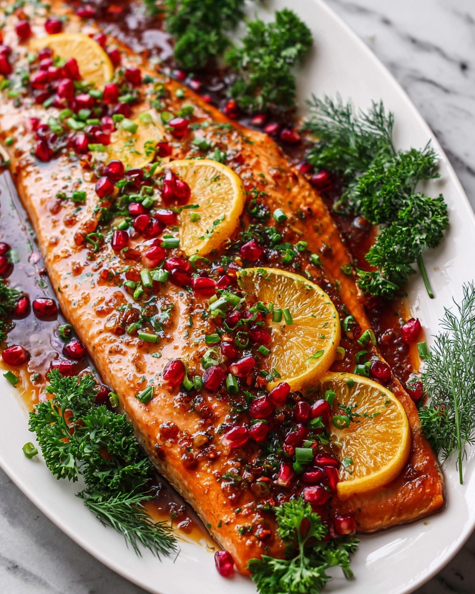 A large cooked salmon fillet with a shiny glaze lies flat on a white plate, topped with bright red pomegranate seeds scattered evenly across. On top of the salmon are several small, thin orange slices placed along the length of the fillet. Green herbs and chopped green onions are sprinkled generously over the fish, adding a fresh color contrast. On the edges of the plate, fresh green parsley branches add a decorative touch. The plate rests on a white marbled surface. photo taken with an iphone --ar 4:5 --v 7