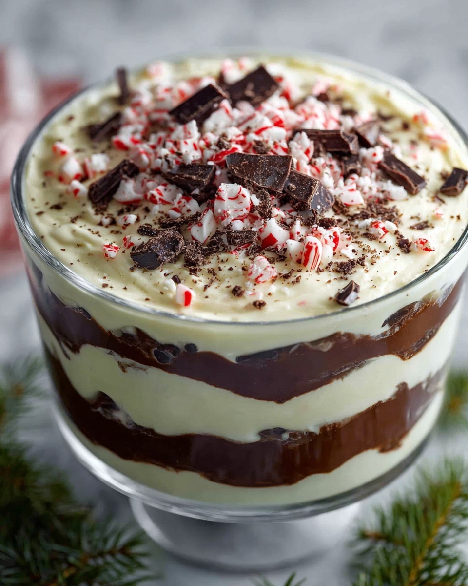 The image shows a tall trifle dessert in a clear glass bowl with three visible layers of rich dark brown chocolate cake separated by thick, creamy white layers with small red peppermint bits inside. The top layer is a smooth cream sprinkled heavily with uneven chunks of dark chocolate and crushed red and white peppermint candies. The bowl sits on a white marbled surface with a small green pine branch nearby. Photo taken with an iphone --ar 4:5 --v 7