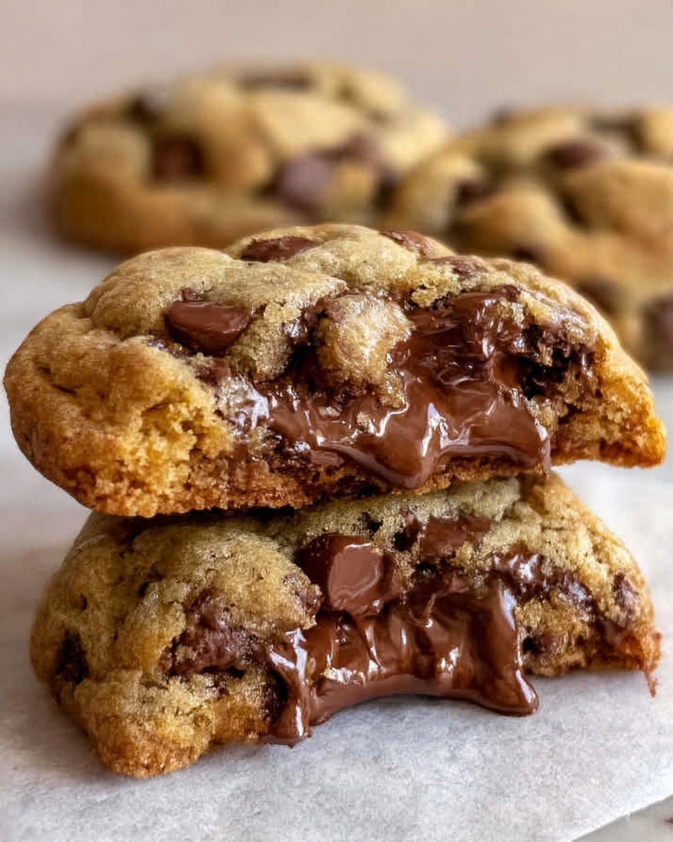 The image shows a close-up of a stack of two soft chocolate chip cookies on white parchment paper, with melted chocolate oozing from the broken inside layers, revealing a gooey and rich texture. Behind the stack, there are three whole cookies with a golden brown color and visible chocolate chips, placed on a white marbled surface. photo taken with an iphone --ar 4:5 --v 7