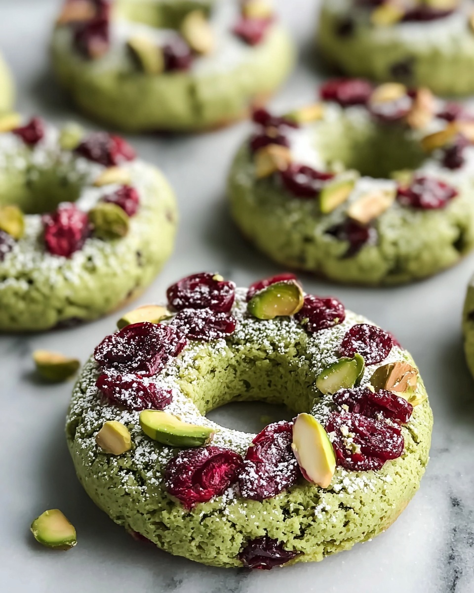 The image shows multiple green cookies shaped like rings placed on a white marbled surface. Each cookie has a rough texture with visible small chunks inside, and is decorated on top with bright red dried cranberries and large green pistachio pieces scattered evenly around the ring. A light dusting of white powdered sugar covers parts of the toppings, giving a soft contrast to the colors. The cookies are arranged with some in focus near the front and others blurred in the background. photo taken with an iphone --ar 4:5 --v 7