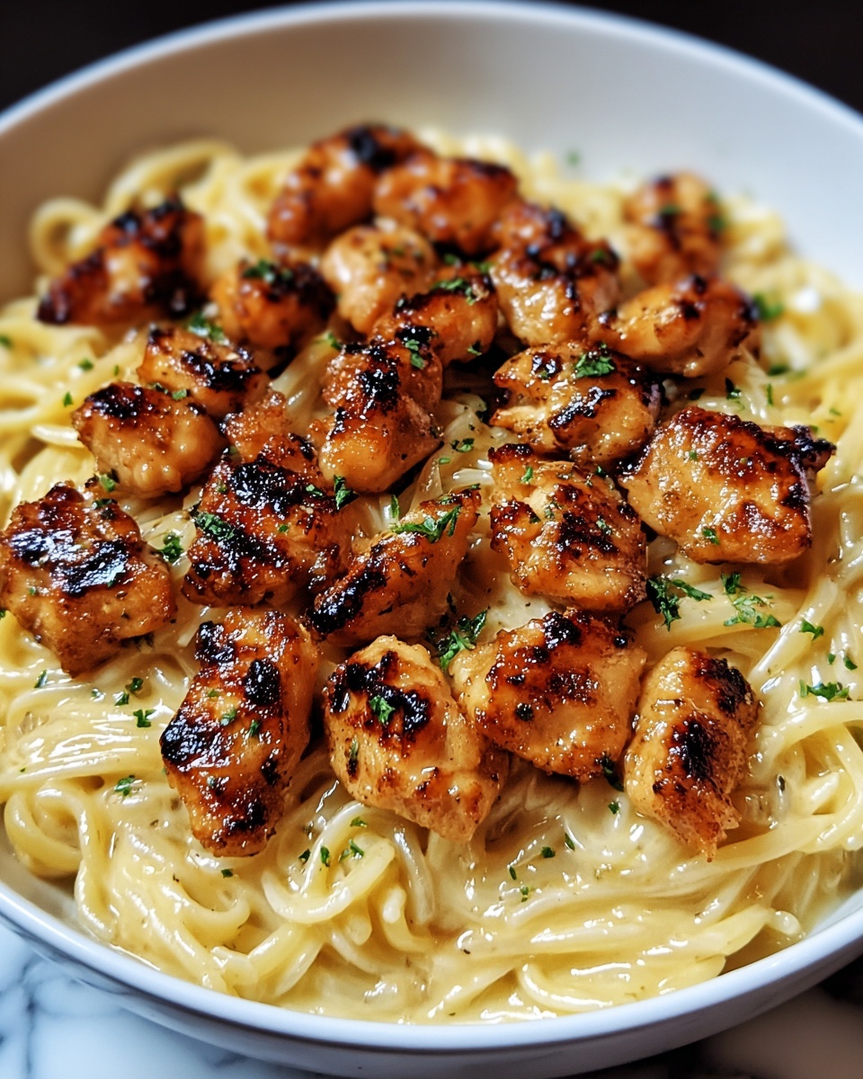 Garlic Butter Chicken Bites with Savory Creamy Parmesan Pasta Recipe - Recipe Image
