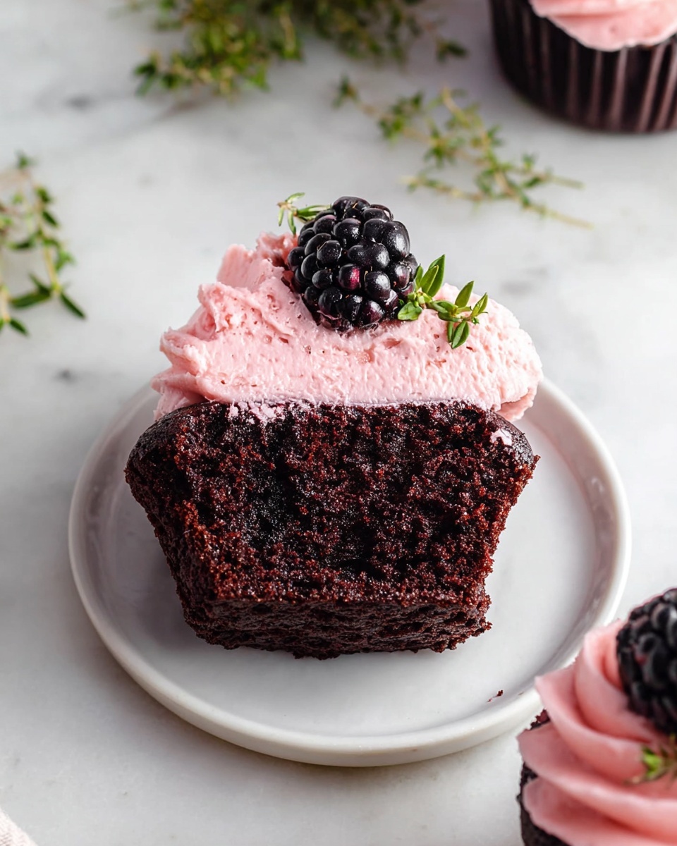 Chocolate Blackberry Cupcakes Recipe 5 A slice of dark chocolate cupcake with a rough, moist texture sits in the center on a round white plate. It has one layer of thick, fluffy, swirled pink frosting on top. On the frosting, there is one large shiny blackberry and a small sprig of green herb. The plate and cupcake are placed on a white marbled surface, with some green herb sprigs in the upper left corner and a partially visible cupcake with the same pink frosting in the lower right corner. The scene has bright light and soft shadows. photo taken with an iphone --ar 4:5 --v 7