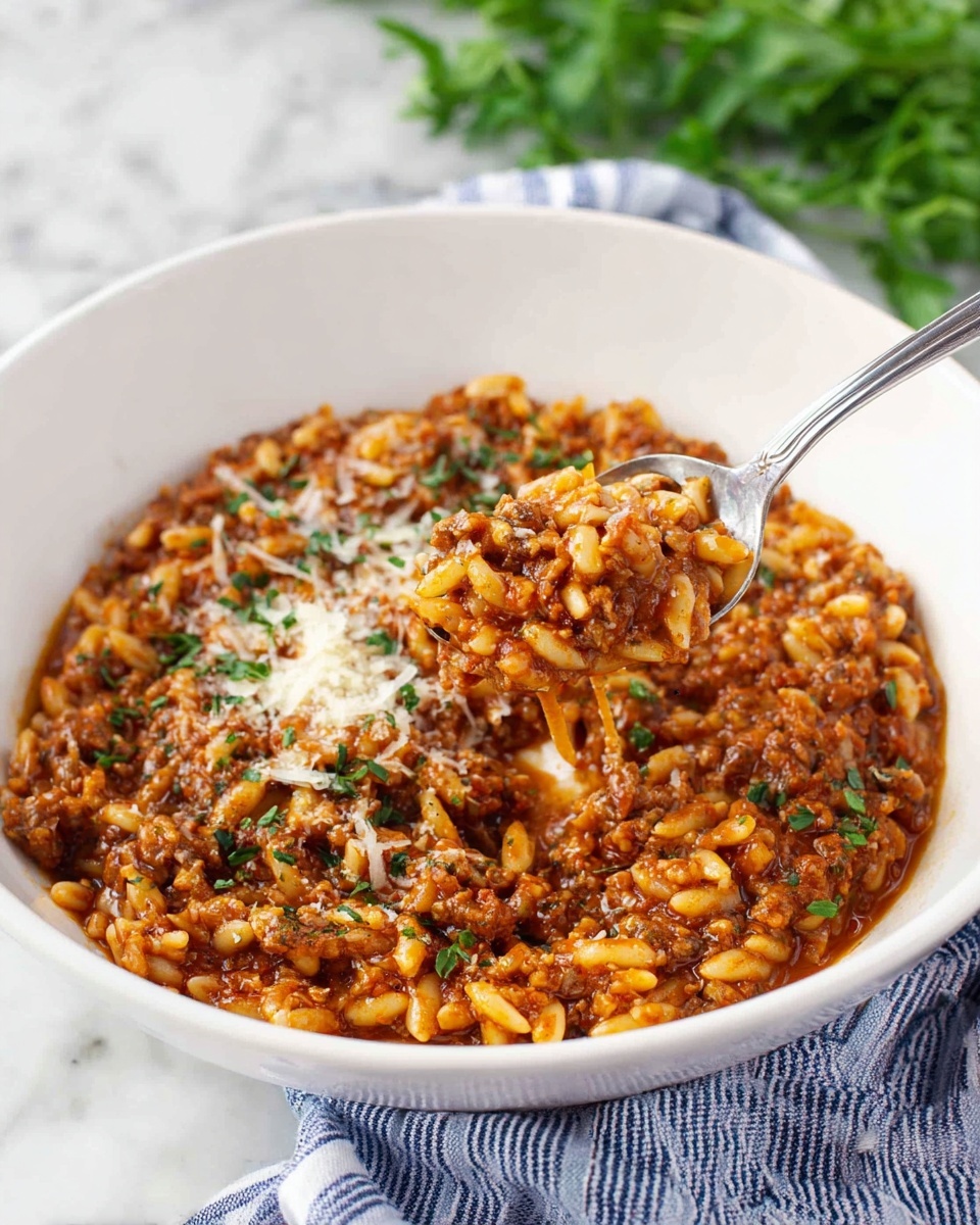 The dish shown is a close-up of a white plate filled with a mixture of small pasta, ground meat, and tomato sauce, topped with finely chopped green herbs and a light sprinkle of grated cheese. The pasta is light beige and the ground meat has a rich brown color, blending with the deep red tomato sauce and shiny yellow oil that pools around the edges. A spoon lifts a portion of the dish, showing the dense, mixed texture of pasta and meat with visible bits of herbs and cheese. The background is a white marbled texture. Photo taken with an iphone --ar 4:5 --v 7