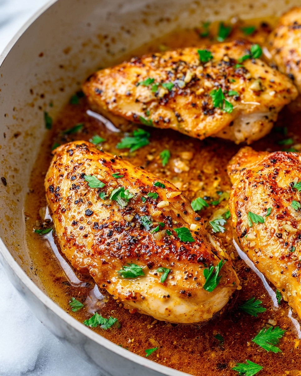 Garlic Butter Chicken Recipe 5 A close-up of a white pan with three pieces of cooked chicken on the bottom layer, each piece golden brown with a slightly crispy texture and seasoned with black pepper and small bits of garlic, topped with small green parsley leaves scattered across them; the chicken sits in a shallow layer of glossy, rich brown sauce with visible oil droplets, all set against a white marbled surface; photo taken with an iphone --ar 4:5 --v 7