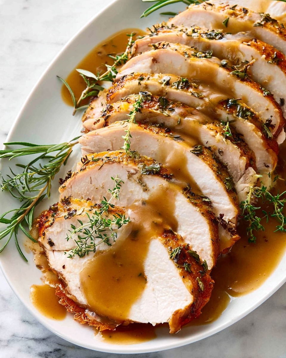 Garlic Herb Slow Cooker Turkey Breast Recipe 5 The dish is arranged on a white plate with a white marbled surface. The main part is two thick slices of cooked chicken with a light golden brown grilled skin and herbs sprinkled on top. A smooth layer of brown gravy sauce is poured over the chicken, spreading down towards the plate. On the top left of the plate, there are roasted whole baby mushrooms and green asparagus stalks, garnished with finely chopped herbs. A yellow lemon wedge rests near the vegetables. The bottom left corner of the plate has a rough-textured yellow cornbread piece with a golden crust. The colors include shades of golden brown, green, yellow, and creamy white. photo taken with an iphone --ar 4:5 --v 7