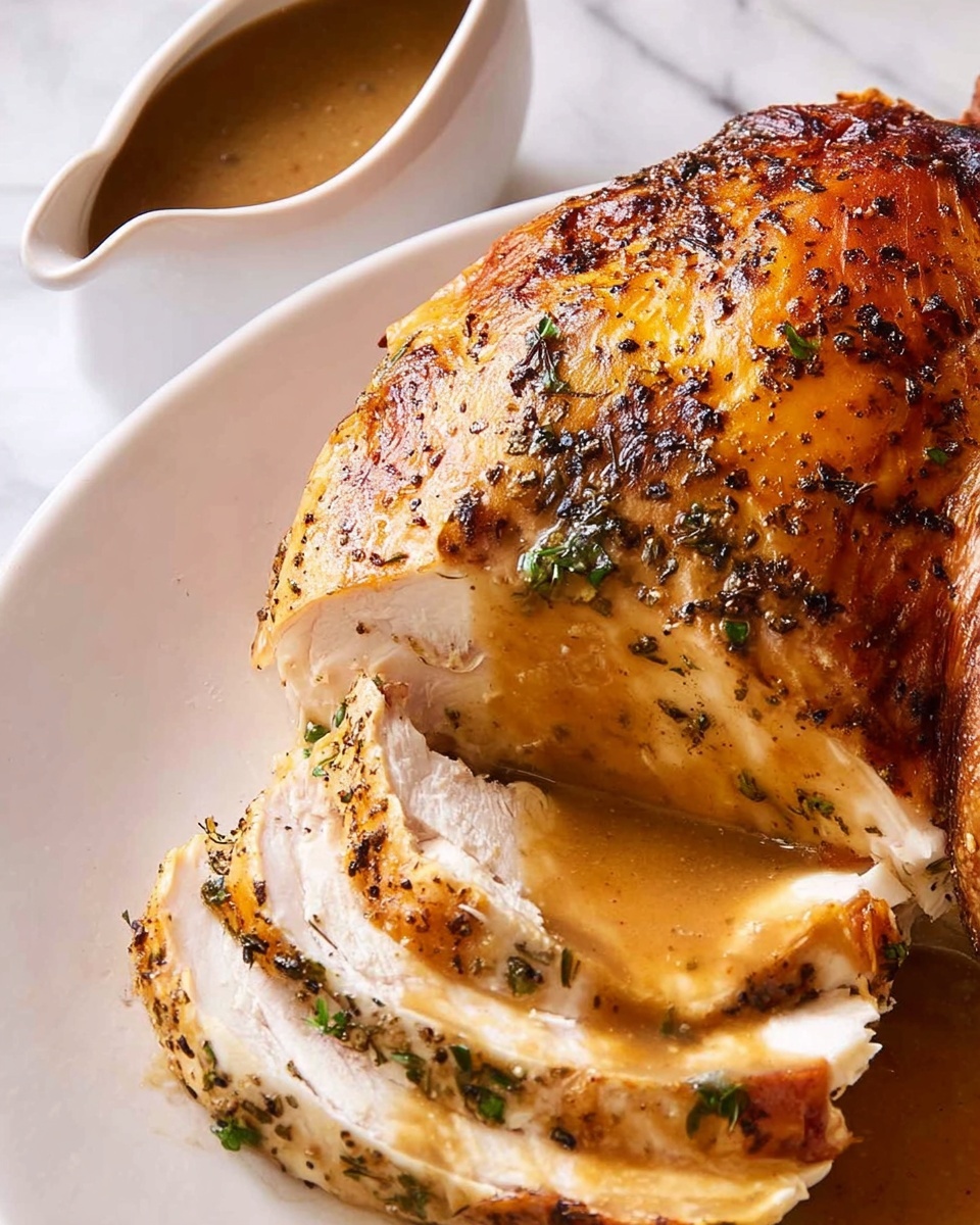 Garlic Herb Slow Cooker Turkey Breast Recipe 6 A white plate holds eight slices of roasted turkey, arranged in a slightly overlapping row. Each slice has a golden brown, crispy outer crust rubbed with green herbs, and the inside is light beige and juicy. A rich, glossy brown gravy is drizzled over the slices, gathering slightly at the base. Small sprigs of fresh green rosemary and thyme are placed on top and between the slices, adding a fresh touch. The plate is set on a white marbled surface. photo taken with an iphone --ar 4:5 --v 7