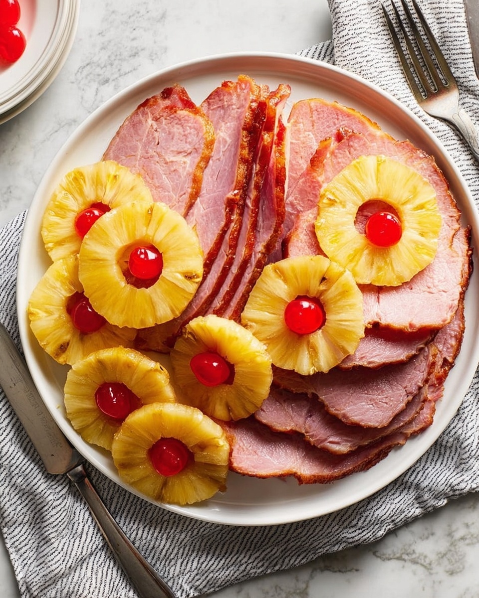 A white plate holds several layers of sliced ham arranged in a fanned-out pattern, showing three different groups of evenly sliced pink ham with brown edges. On top and around the ham slices are bright yellow pineapple rings placed flat, with some rings stacked in pairs. Small, round, shiny red cherries are scattered across the ham and pineapples, adding a pop of color. The plate is set on a white marbled surface. photo taken with an iphone --ar 4:5 --v 7