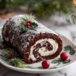 Chocolate Yule Log with Cream Filling and Festive Decorations Recipe
