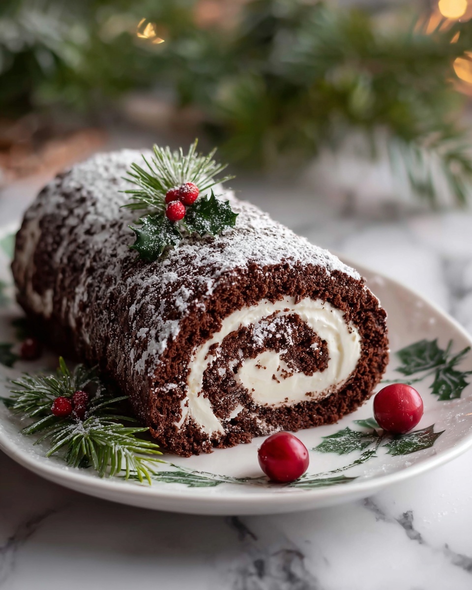 The image shows a chocolate rolled cake with several visible layers. There are about four swirled layers starting with a dark brown chocolate sponge layer followed by a thick, creamy white layer, then another chocolate sponge layer, and another white cream layer in the center. The outside of the roll is coated with smooth chocolate and decorated with powdered sugar, red berries, and green leaves on top. The cake is placed on a white marbled surface. photo taken with an iphone --ar 4:5 --v 7
