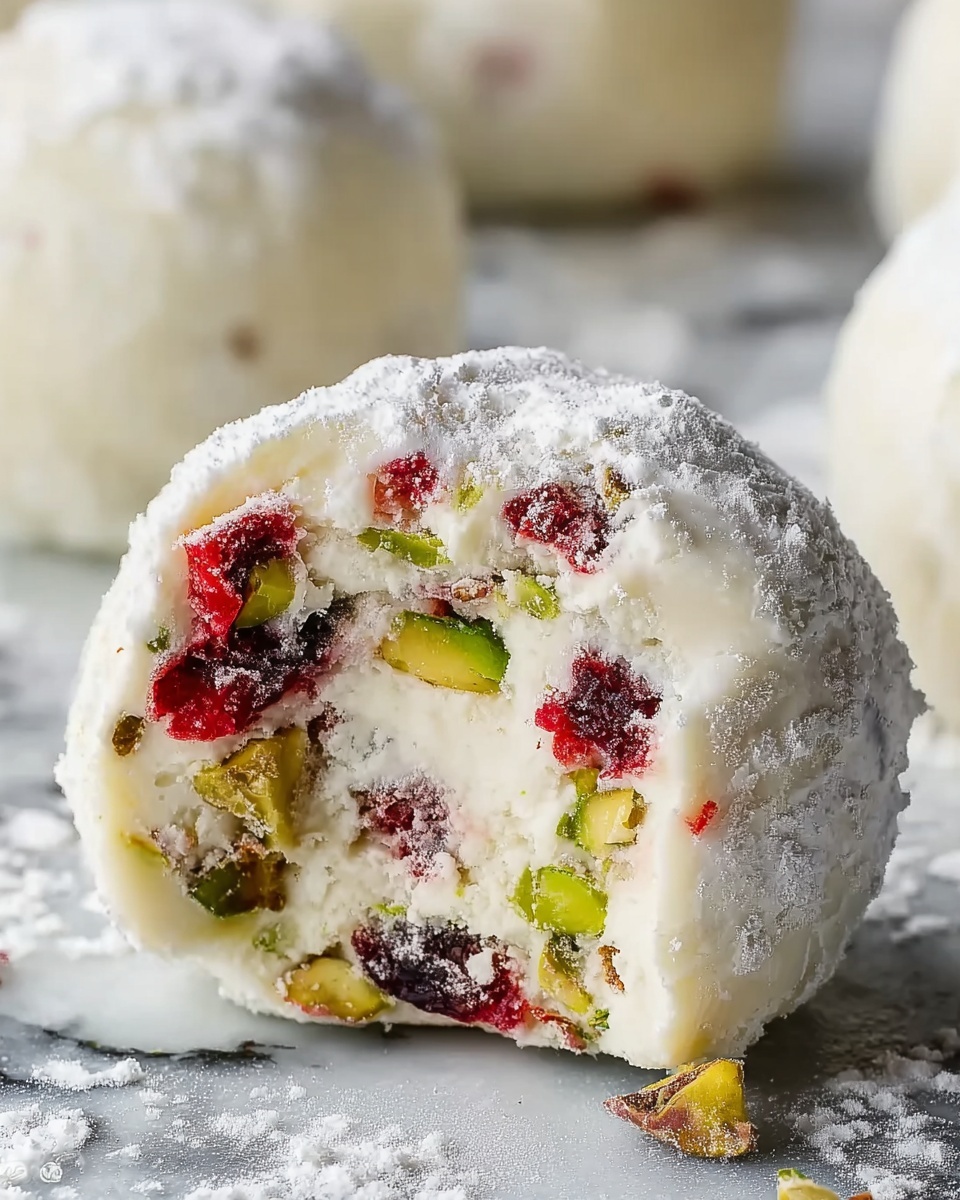 The image shows a close-up of a soft ball-shaped dessert with a smooth, pale cream outer layer covered lightly in powdered sugar. Inside, there are visible chunks of bright red pieces and small green nut pieces mixed throughout the cream. The texture appears soft and slightly crumbly. The dessert is placed on a white marbled surface with more powdered sugar scattered around. Photo taken with an iphone --ar 4:5 --v 7