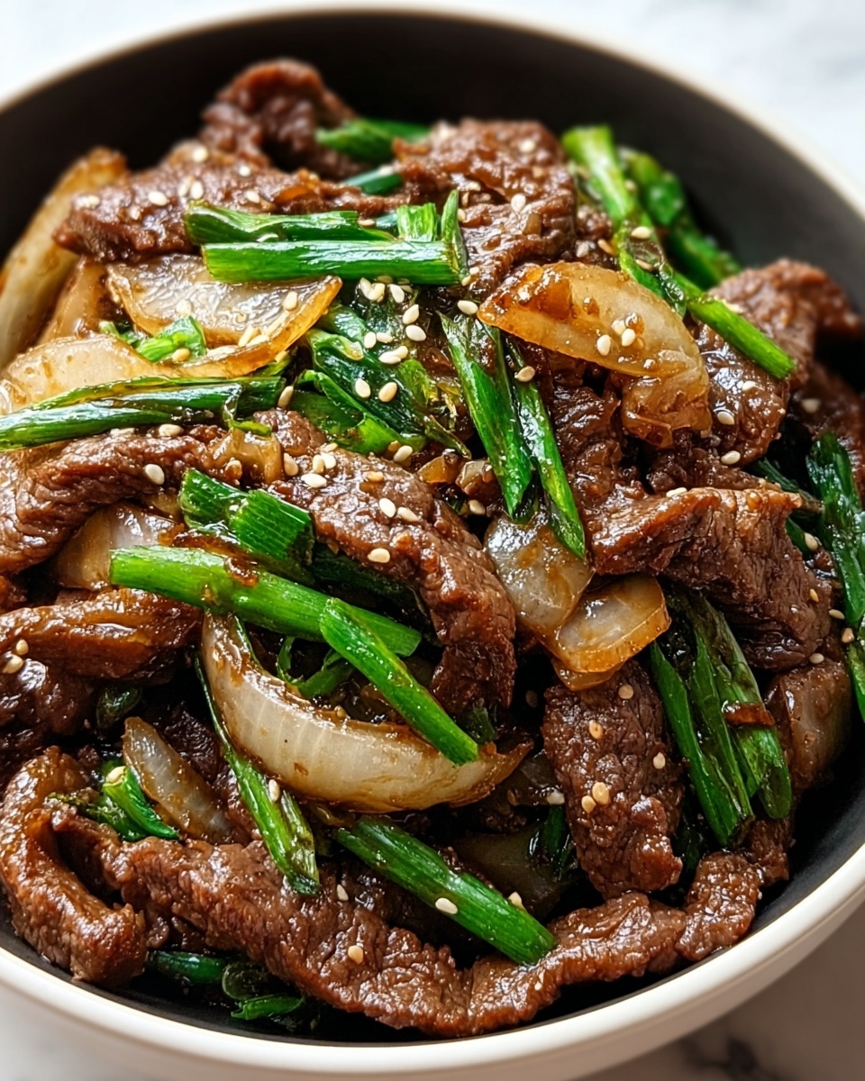 A close-up view of a stir-fry dish in a white bowl, showing three main layers: tender brown beef slices with a glossy texture, translucent cooked onion pieces with a slight golden hue, and bright green chopped green onions scattered evenly. The beef slices are layered thickly on the bottom and middle, mixed throughout with onion slices curling softly around the meat. The green onions add fresh color on top and between meat slices. The dish is lightly sprinkled with sesame seeds, adding small white dots that contrast with the dark brown sauce coating the ingredients. The bowl rests on a surface with a white marbled texture photo taken with an iphone --ar 4:5 --v 7