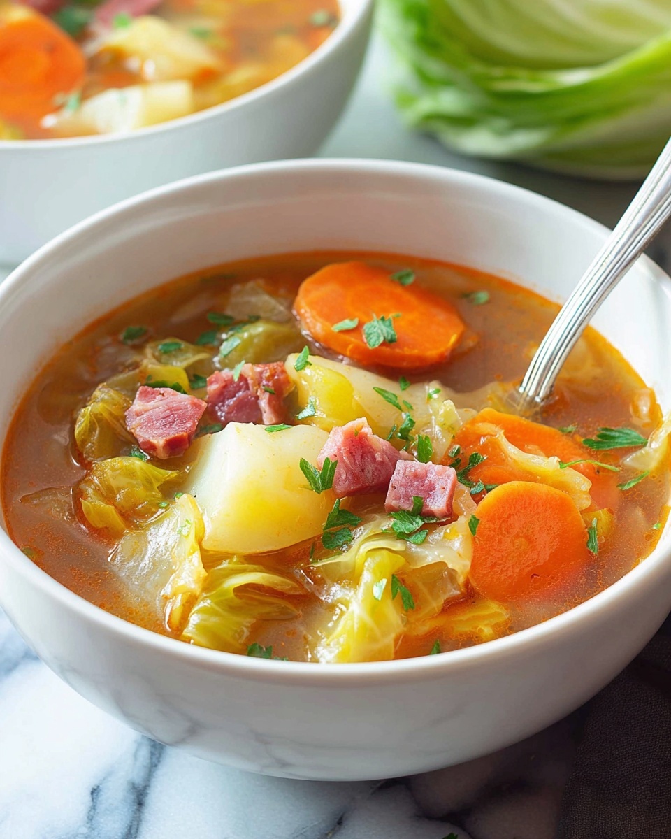 A white bowl filled with a warm soup showing three main layers. The bottom layer is a reddish-orange broth with a smooth but slightly oily texture. The second layer has large slices of orange carrot, pale yellow potato pieces, and light green cabbage leaves, all partially submerged in the broth. The top layer shows small pieces of pinkish-red meat scattered around, along with fresh green parsley leaves for garnish. A silver spoon is placed inside the bowl on the right side, with the edge resting on the white marbled surface. The background includes a blurred white bowl and green leaf. Photo taken with an iphone --ar 4:5 --v 7