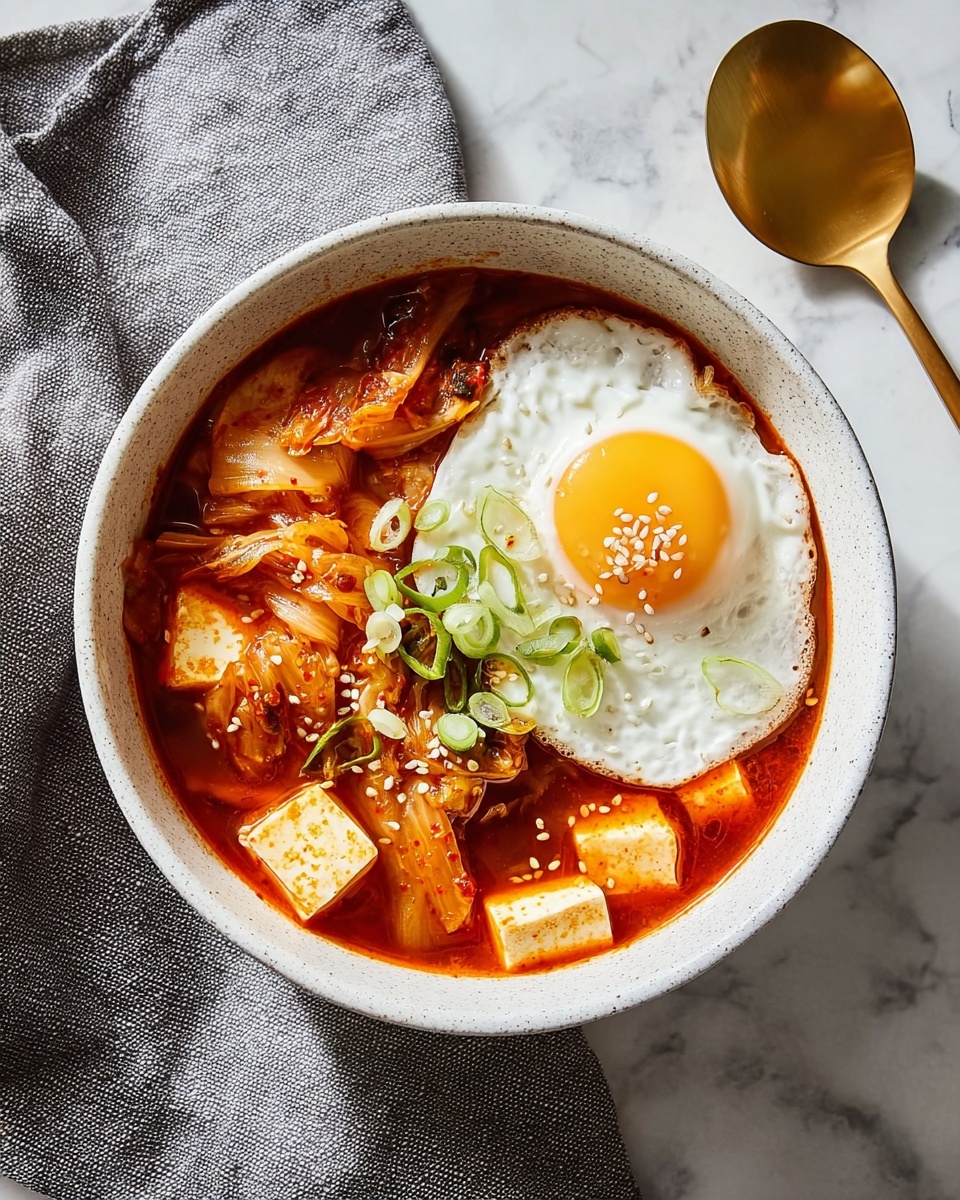 A bowl of spicy tofu soup with a sunny-side-up egg on top. The bowl is white with a speckled texture, filled with bright red broth that holds soft white tofu cubes and pieces of cooked kimchi with a mix of light brown and orange colors. The egg sits on the right side with a white cooked edge and a shiny golden yolk in the center, sprinkled with green onion slices and sesame seeds. The bowl rests on a white marbled surface with a gray cloth napkin on the left and a gold and white spoon to the right. Photo taken with an iphone --ar 4:5 --v 7