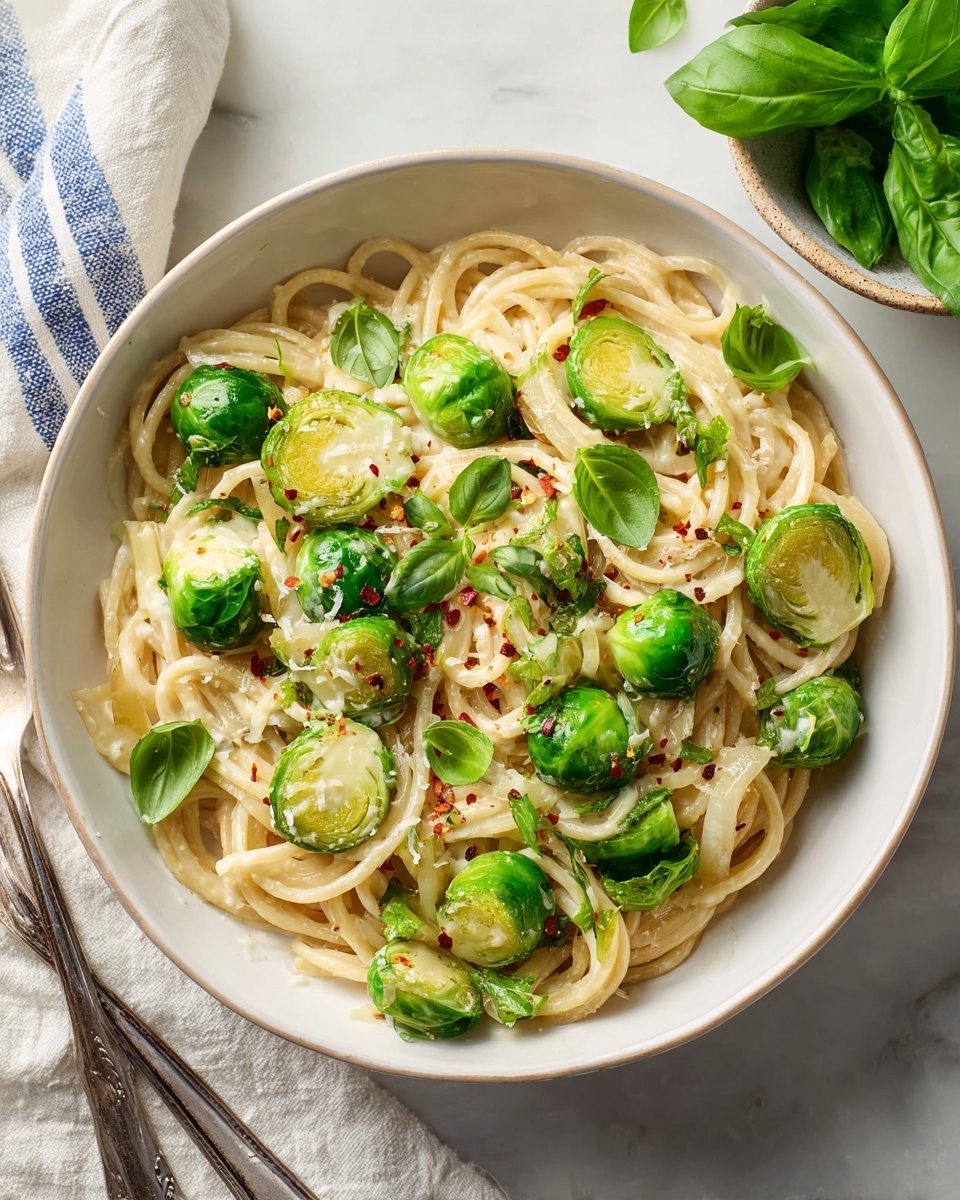 Creamy Whole-Wheat Spaghetti with Brussels Sprouts and Asiago Recipe - Recipe Image