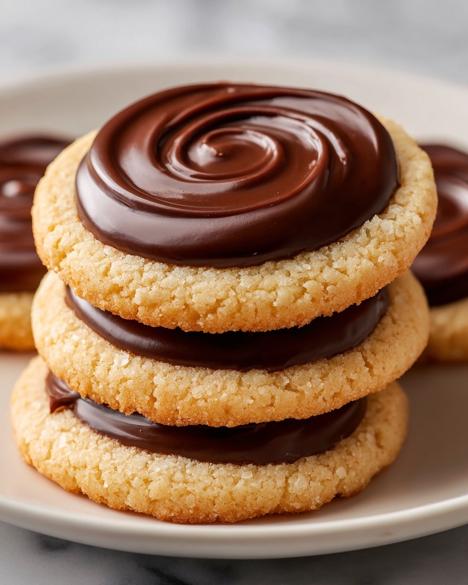 The image shows three round cookies stacked on a white plate placed on a white marbled surface. Each cookie has a light golden-brown base with a slightly rough texture around the edges. On top of each cookie is a layer of smooth, glossy dark brown chocolate with an oval swirl design in the center. The cookies look crisp and the chocolate appears thick and shiny, covering most of the top surface. Photo taken with an iphone --ar 4:5 --v 7