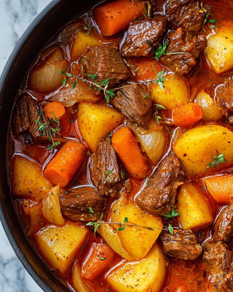 The image shows a hearty stew with large brown chunks of beef mixed with thick pieces of golden yellow potatoes and bright orange carrot cubes. There are soft brown pieces of cooked onion scattered throughout, all covered in a shiny reddish-brown sauce. Small green herb leaves lightly decorate the stew, adding a fresh contrast to the warm colors. The food is in a cooking pot placed on a white marbled surface. photo taken with an iphone --ar 4:5 --v 7