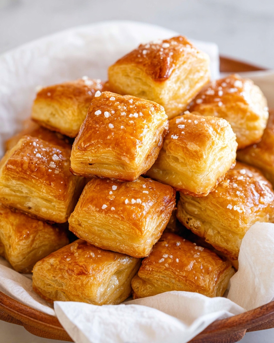 The image shows a black baking tray lined with white parchment paper, holding 28 small, golden-brown puff pastry bites arranged in 5 uneven rows. Each bite is rectangular, with a shiny, slightly flaky surface sprinkled with coarse salt crystals. Some of the bites have small darker spots where the pastry has caramelized, and there are scattered oil spots on the parchment paper around them. The tray is placed on a white marbled surface, with a wooden salt container with an open lid visible near the top left corner and a light green cloth partially visible in the bottom left corner. Photo taken with an iphone --ar 4:5 --v 7