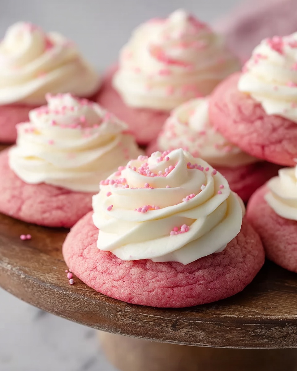 The image shows a close-up of a group of round, pink cookies arranged on a rustic brown cake stand with a white marbled background. Each cookie has one thick base layer that is soft and slightly rough in texture with a pink color. On top of each pink cookie base, there is a generous swirl of smooth, creamy white frosting piped in a rose shape, with small pink sugar sprinkles scattered over the frosting. The details highlight the contrast between the pink cookie and white frosting, giving a fresh and sweet look. photo taken with an iphone --ar 4:5 --v 7
